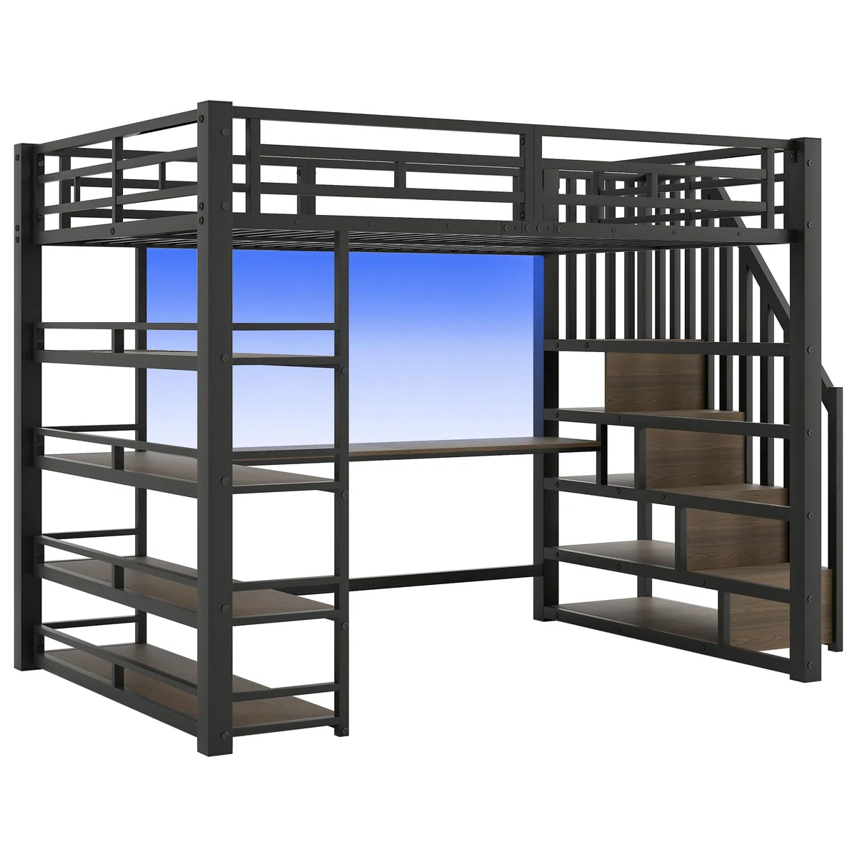 140x200 Metall-Hochbett mit Treppe, integriertem Schreibtisch, Staufächern, USB-Ladestation und LED-Licht (Schwarz)