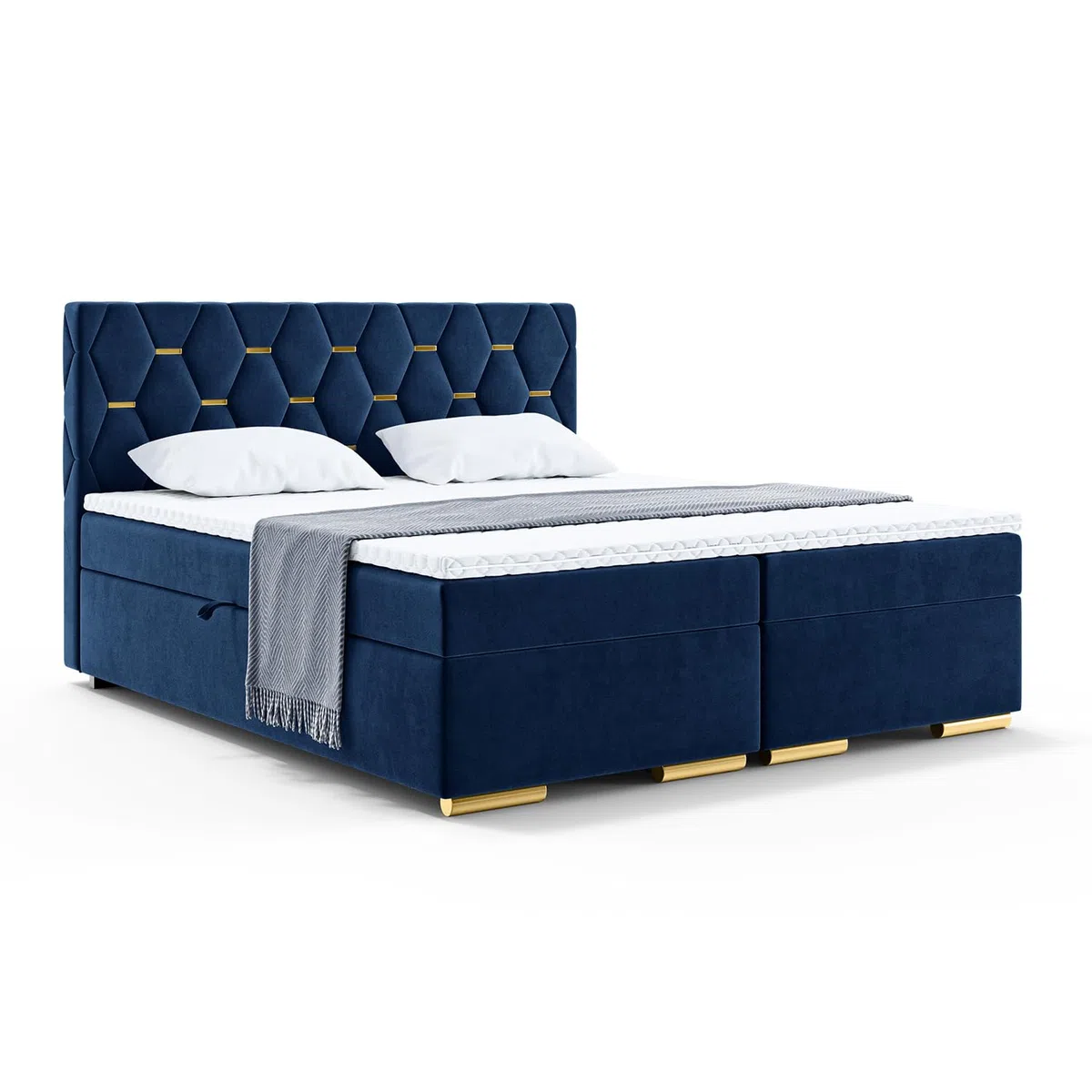 MEBLINI Boxspringbett mit Bettkasten - 200x200 - H4/Blau Samt - Versal - Gepolstert Doppelbett mit Matratze und Topper - Polsterbett mit Stauraum - Bett mit Kopfteil - Stauraumbett