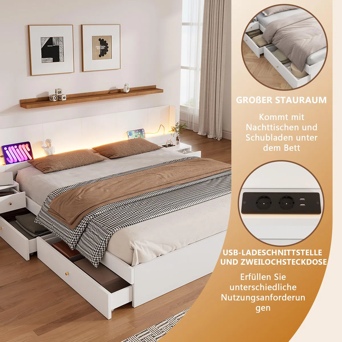 Ymkua Doppelbett 180x200cm, Stauraumbett Holzbett mit LED-Leuchten und 2 Schubladen, Bettgestell mit USB-Port und 2 Nachttische, Jugendbett Bett mit Kopfteil und Lattenrost, Weiß, ohne Matratze