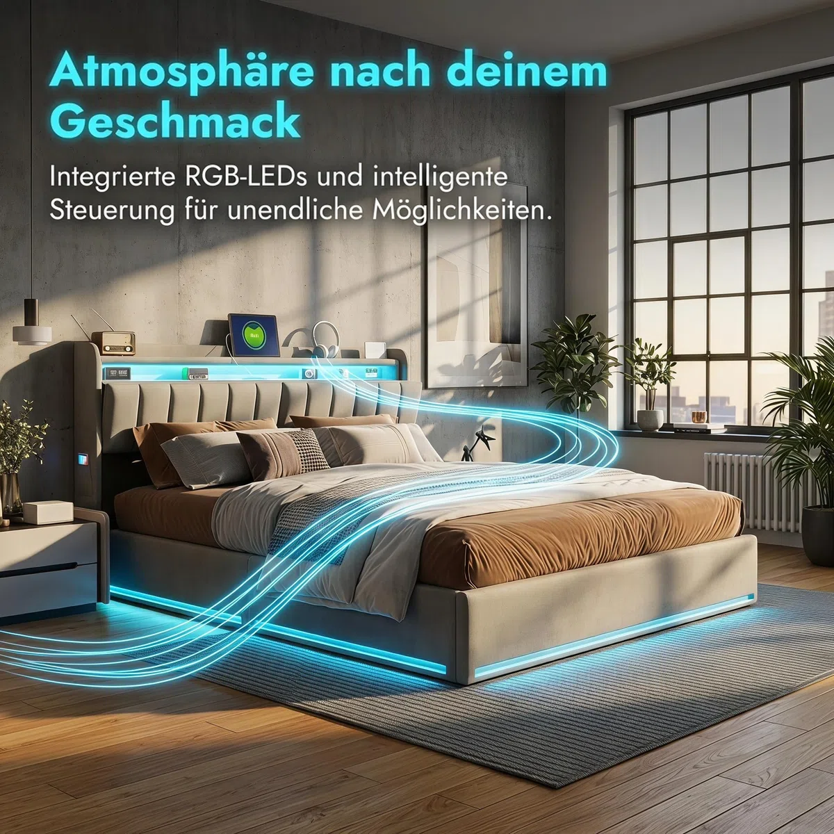 Polsterbett 160x200 mit LED-Bleuchtung,Grau Hydraulisch Stauraumbett,Jugendbett mit USB und Type-C Ladestation,Doppelbett mit Stauraum Kopfteil,Bettgestell mit Lattenrost,Samt (ohne Matratze)