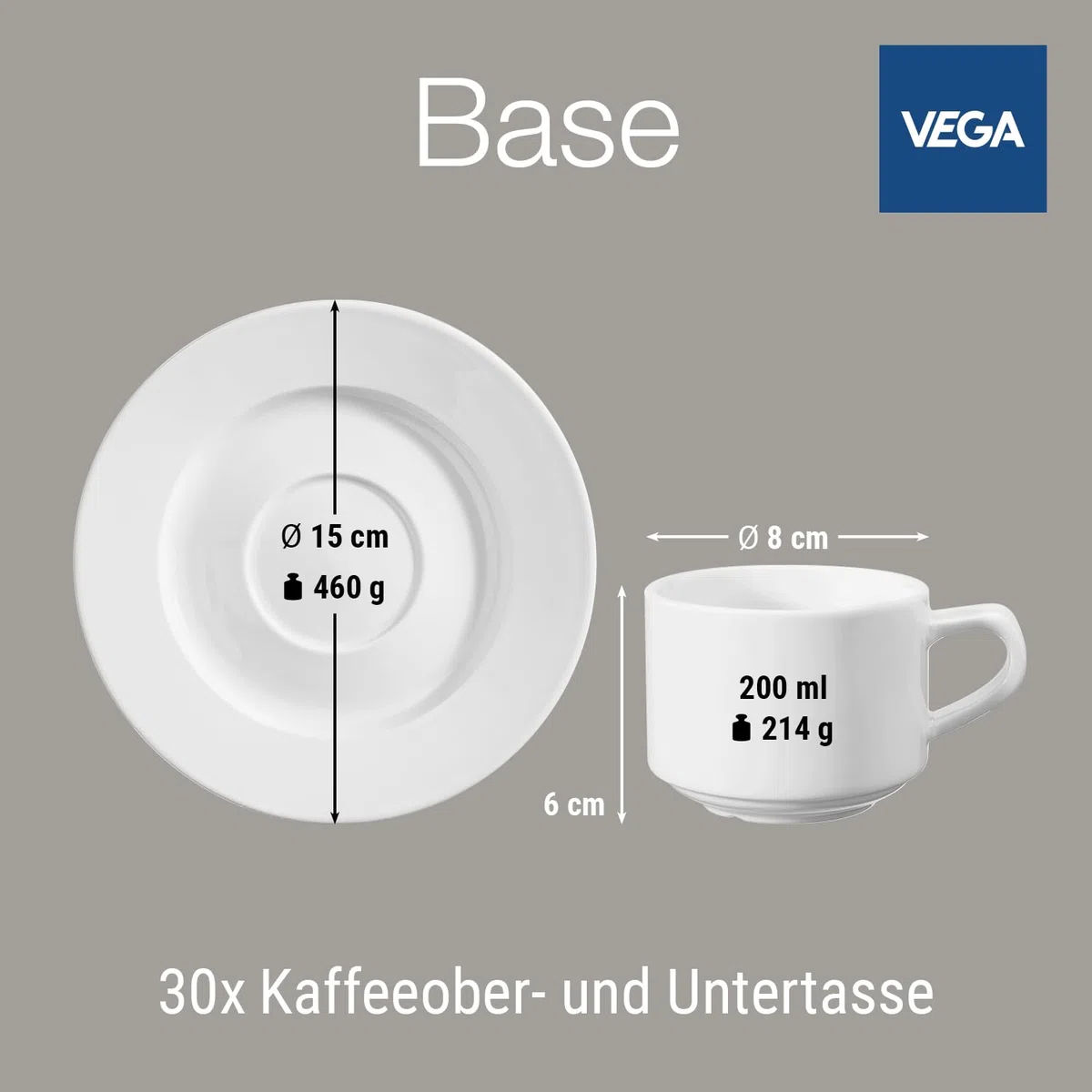 VEGA Base Kaffeetassen-Set – Kaffeetasse 200 ml & Untertasse 15 cm, 30 Personen, Kaffee Geschirr Set, spülmaschinenfest, mikrowellengeeignet, weißes Hotelporzellan für Café, Haushalt, Restaurant