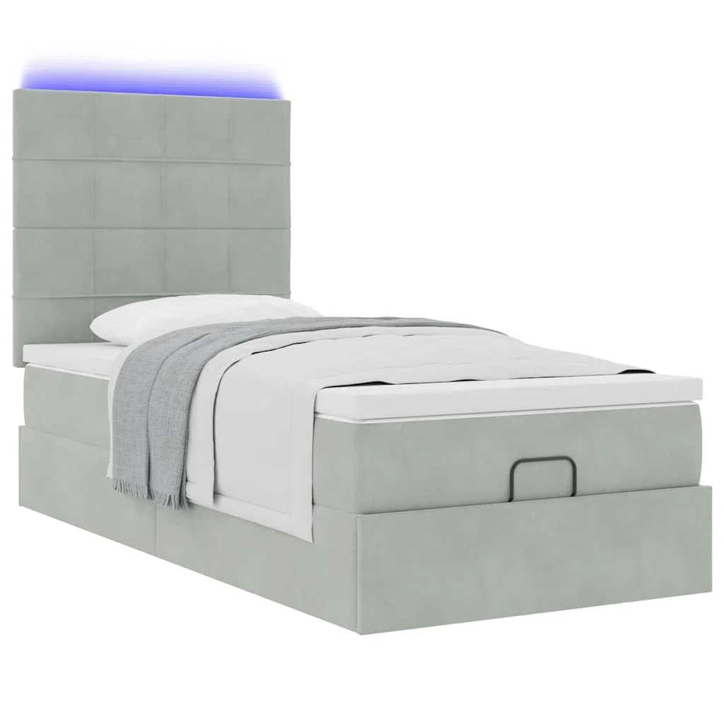 Ottomansbett mit Matratze LED-Beleuchtung Hellgrau 100x200 cm Samt Stauraum, Komfort, langlebiges Material, modernes Design, inklusive LED-Leiste, geeignet für Schlafzimmer und Gästezimmer