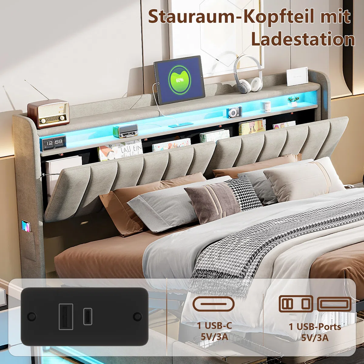 Polsterbett 160x200 mit LED-Bleuchtung,Grau Hydraulisch Stauraumbett,Jugendbett mit USB und Type-C Ladestation,Doppelbett mit Stauraum Kopfteil,Bettgestell mit Lattenrost,Samt (ohne Matratze)