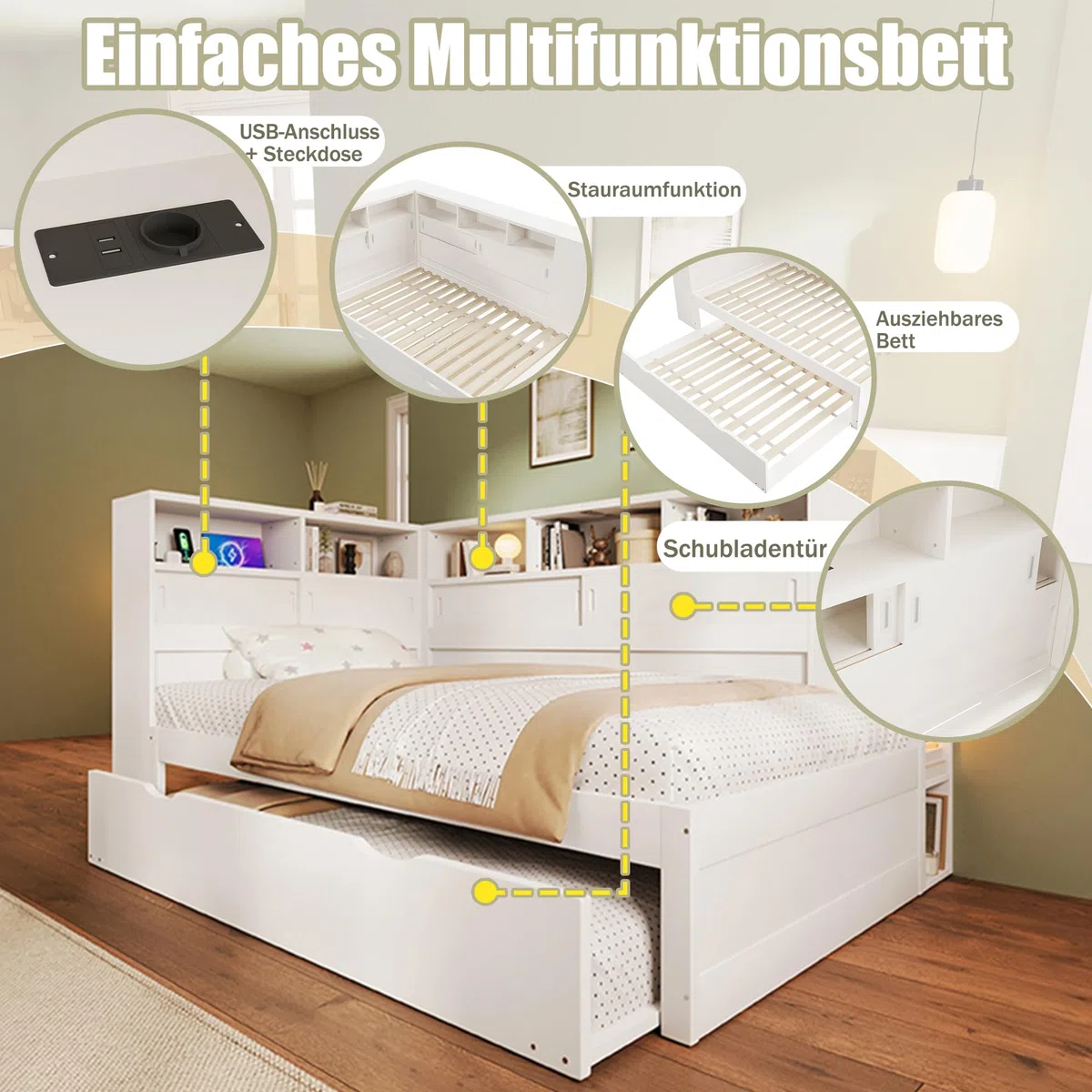 Tagesbett 90x200cm(90x190cm) Kinderbett, Plattformbett mit Ausziehbett, Plattformbett mit Staufach mit USB (Weiß)