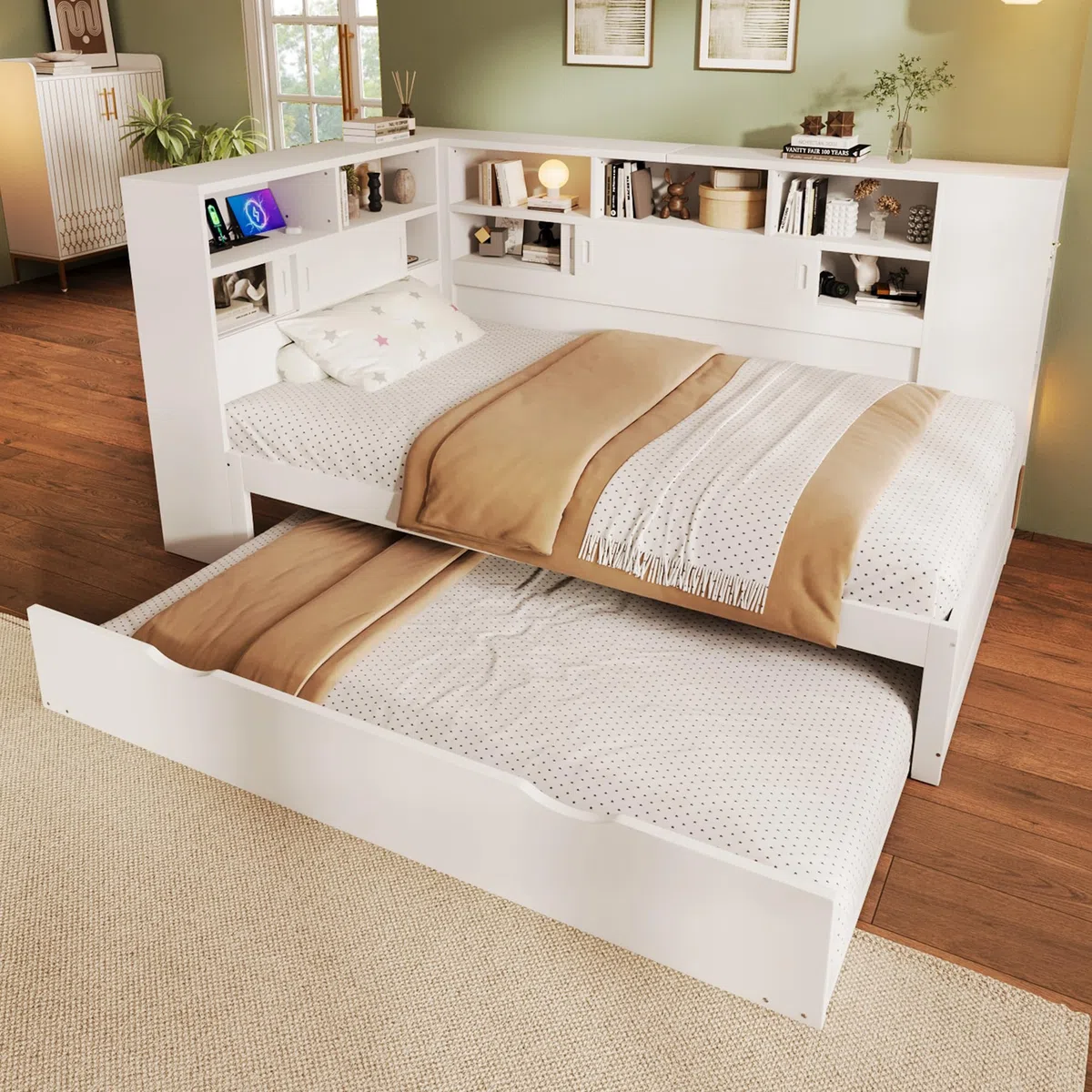 Tagesbett 90x200cm(90x190cm) Kinderbett, Plattformbett mit Ausziehbett, Plattformbett mit Staufach mit USB (Weiß)