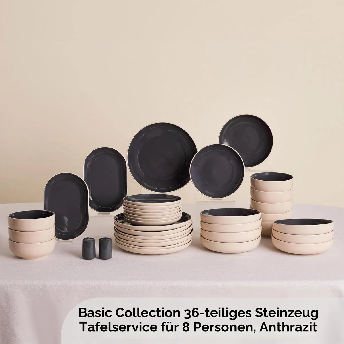 KARACA Terra Geschirrset Basic 36 teilig für 8 Personen Anthrazit, Modernes Steingut Tafelservice Kombiservice, Kratzfestes Teller Set mit Schüsseln, Mikrowellen und Spülmaschinenfest