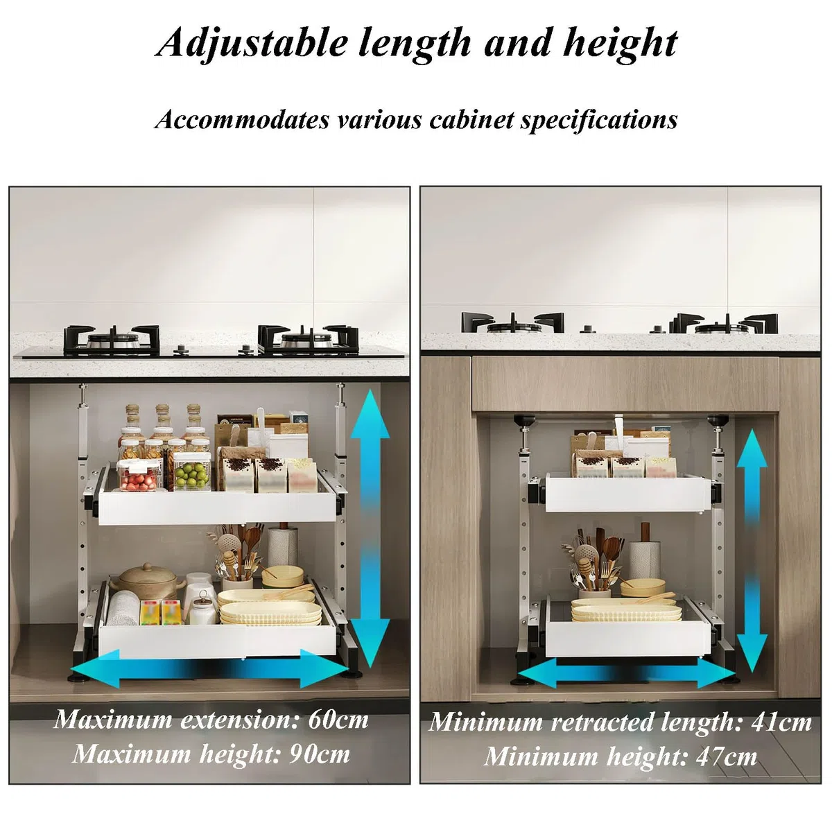 Ausziehbarer Schrank-Organizer mit ausziehbaren Schubladen, 2-stöckiges Design für Küche, Bad und Speisekammer, verstellbare Höhe und Länge