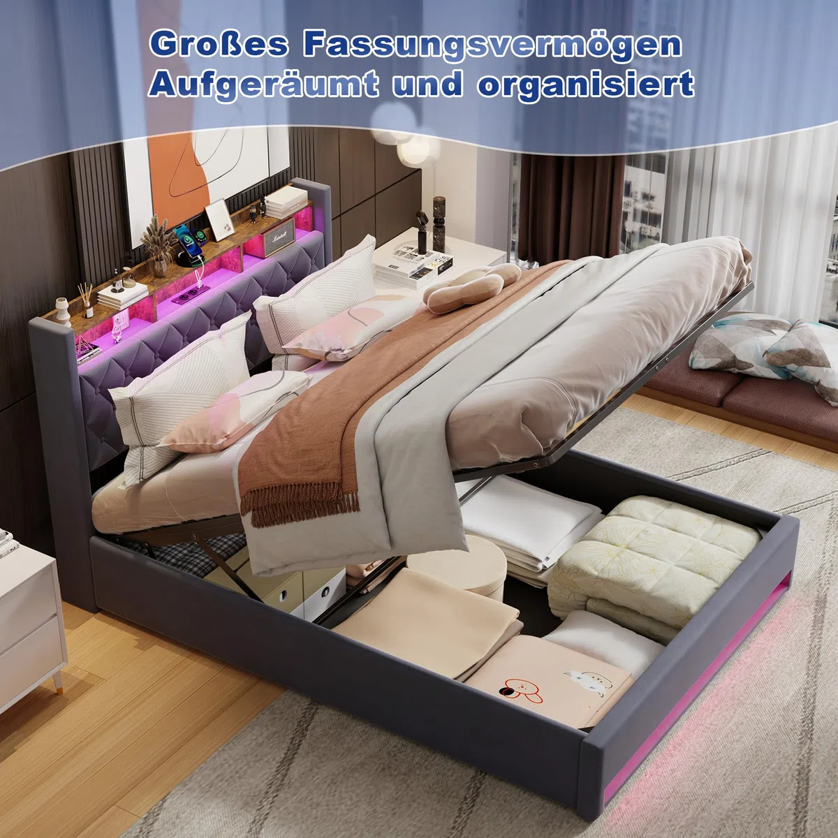 Polsterbett 160x200 mit LED & USB Ladestation, Modernes Samt Bett 160x200 cm für Erwachsene & Paare, Hydraulisches Stauraumbett mit Lattenrost, Stabil, Grau