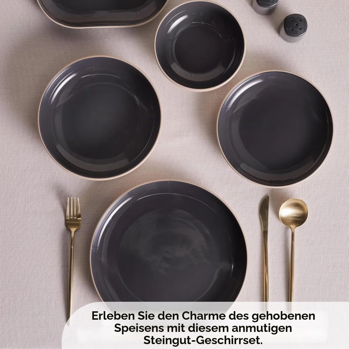 KARACA Terra Geschirrset Basic 36 teilig für 8 Personen Anthrazit, Modernes Steingut Tafelservice Kombiservice, Kratzfestes Teller Set mit Schüsseln, Mikrowellen und Spülmaschinenfest