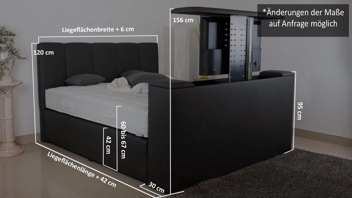 PAARA Boxspringbett Chicago mit TV-Lift | Royal-Matratze | Komplettset - Made in Germany (Farbe und Härtegrad (H2 - H4) frei wählbar - Bitte nach Bestellung per Nachricht mitteilen, 180 x 200 cm)