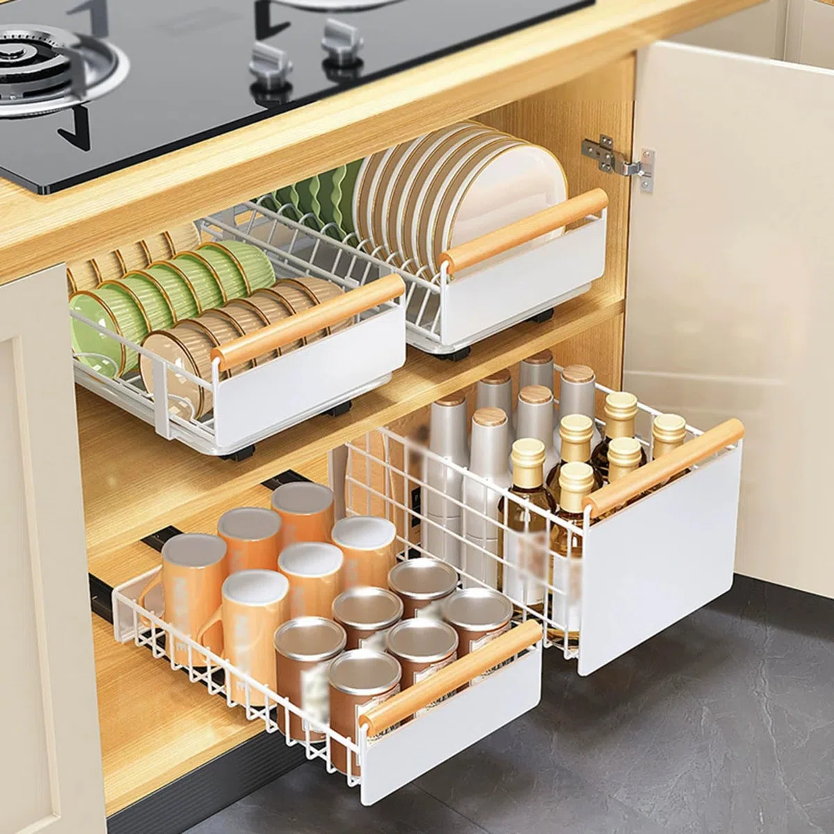Ausziehbarer Schrank-Organizer, ausziehbare Schubladen mit Holzgriff, ausrollbares Regal für die Küche, ideal für Töpfe, Teller und Schüsseln