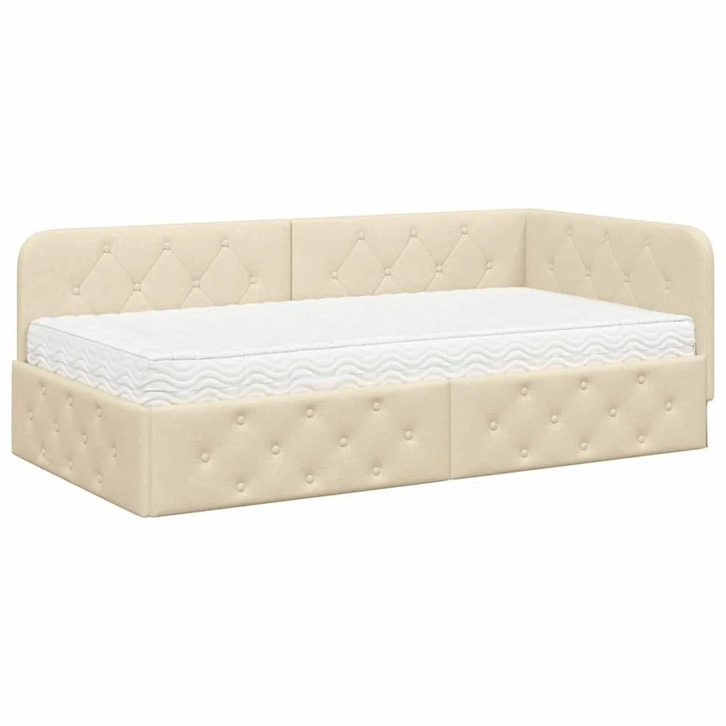 Boxspringbett 100 x 200 cm mit Matratze, Einzelbett mit Matratze, Polsterbett 100 x 200 cm, Sofabett, Tagesbett, Jugendbett，Bett 100 x 200 cm, Schlafzimmer, Kinderzimmer, Creme