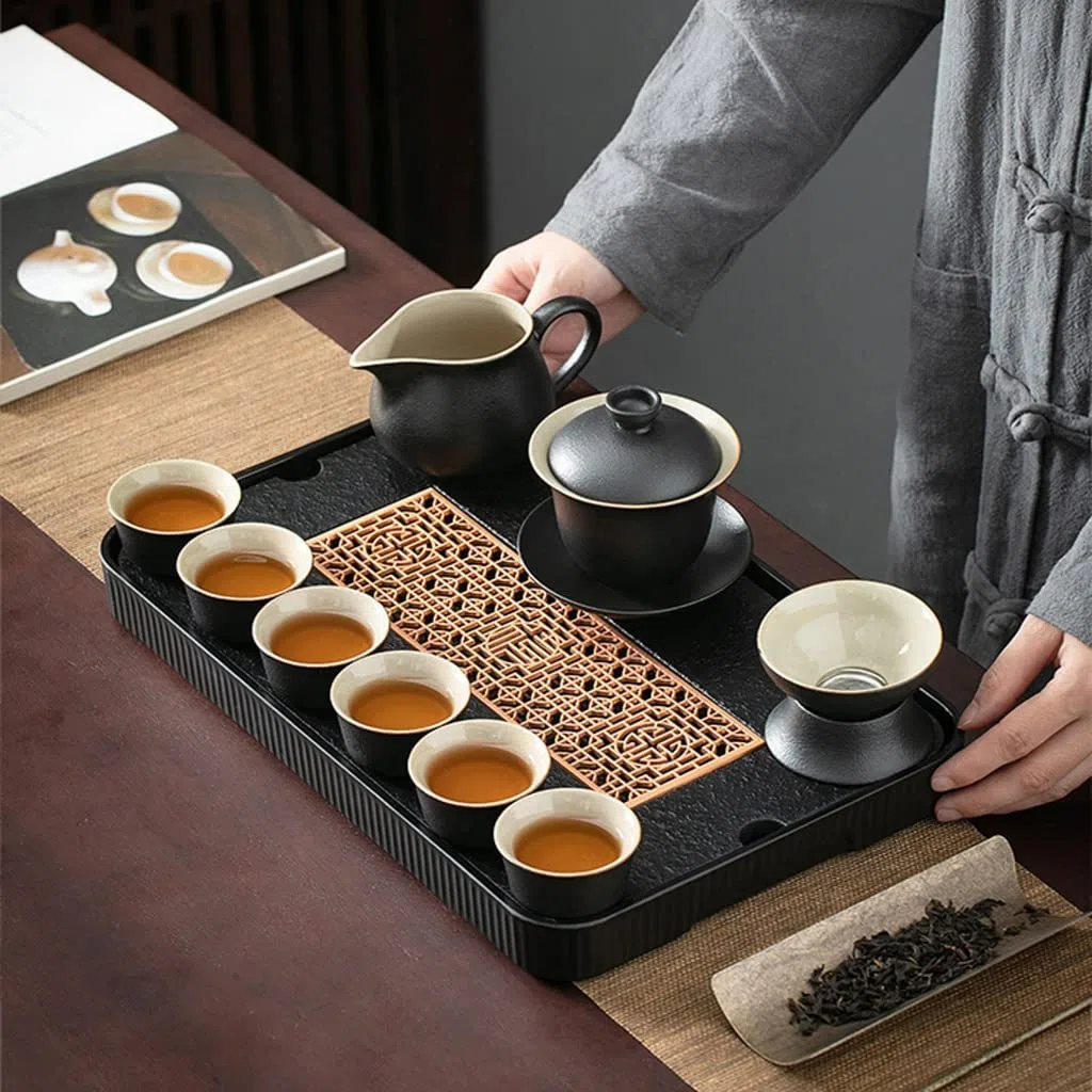 Teetablett, Teeteller, Kongfu-Teetablett - Gongfu-Teetablett, chinesisches Teeset, japanischer/chinesischer Gongfu-Teetisch zum Servieren, Teetisch mit Wasseraufbewahrung (36,8 x 23,8 x 3,5 cm)
