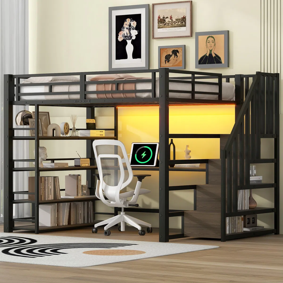 140x200 Metall-Hochbett mit Treppe, integriertem Schreibtisch, Staufächern, USB-Ladestation und LED-Licht (Schwarz)
