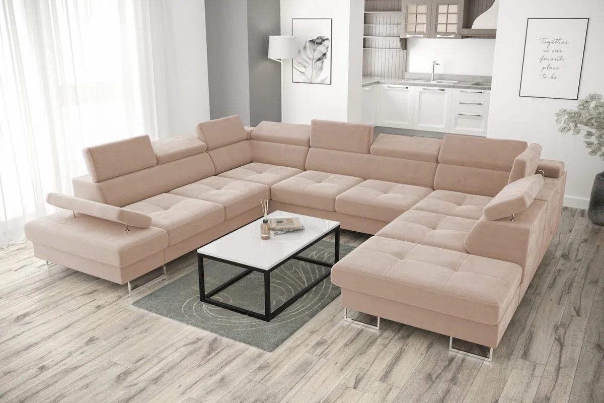 Ecksofa Galaxy MAX I Ecksofa mit Schlaffunktion, 280x350x225 cm, Stoff Gemma, Bettkasten, verstellbaren Kopfstützen & Armlehne (Beige, Links)
