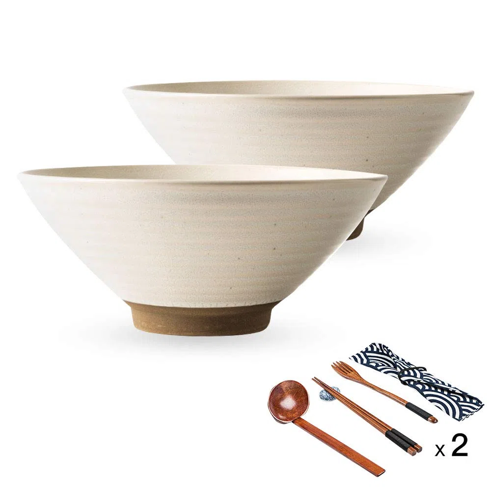 Générique Ramen-Nudelsuppenschüssel aus Porzellan mit Essstäbchen und Löffeln, 2 große japanische Schüsseln à 600 ml für Udon, Pho, Nudeln und Salate, Müsli-Nudelschalen