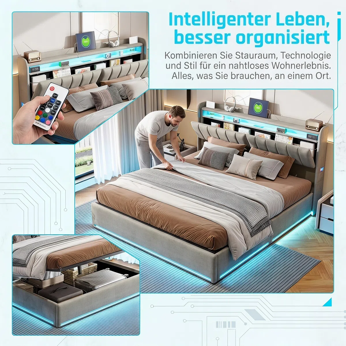 Polsterbett 160x200 mit LED-Bleuchtung,Grau Hydraulisch Stauraumbett,Jugendbett mit USB und Type-C Ladestation,Doppelbett mit Stauraum Kopfteil,Bettgestell mit Lattenrost,Samt (ohne Matratze)