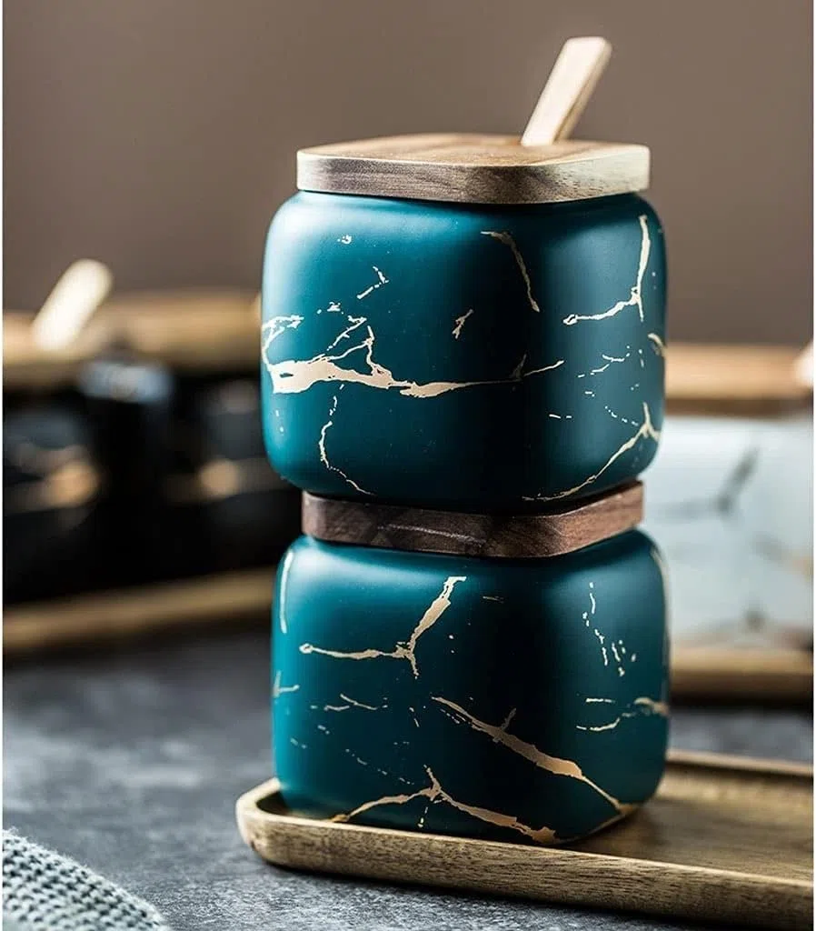 SAeWare Gewürzbox aus Keramik, Zuckerdose, Gewürzbehälter-Set mit Löffel und Deckel, Gewürzbehälter, Grün