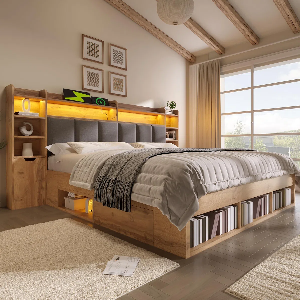DRIXNO 180x200 cm Doppelbett-Systembett, Bettgestell mit LED-Beleuchtung, Nachttische mit USB- und Type-C-Anschlüssen,Bettrahmen mit Stauraum und Rollschubladen, Lattenrost aus Holz, Ohne Matratze