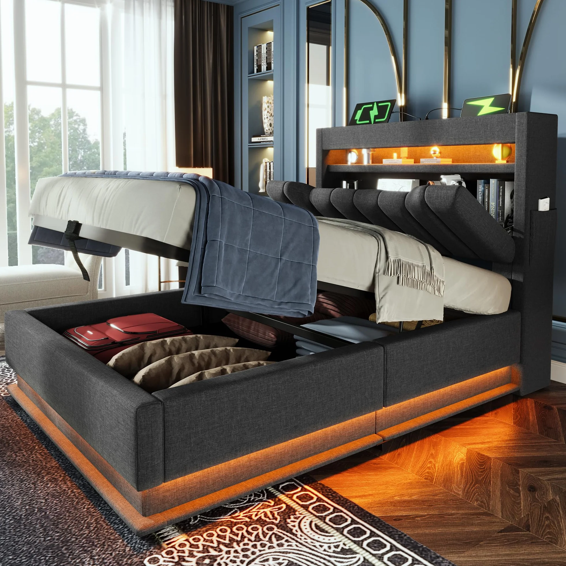 DRIXNO Polsterbett 90x200cm, Bettgestell mit LED-Beleuchtung, Einzelbett mit USB- und Typ-C-Anschlüssen, Jugendbett mit Hydraulischem Stauraum, Leinen, Grau (Ohne Matratze)