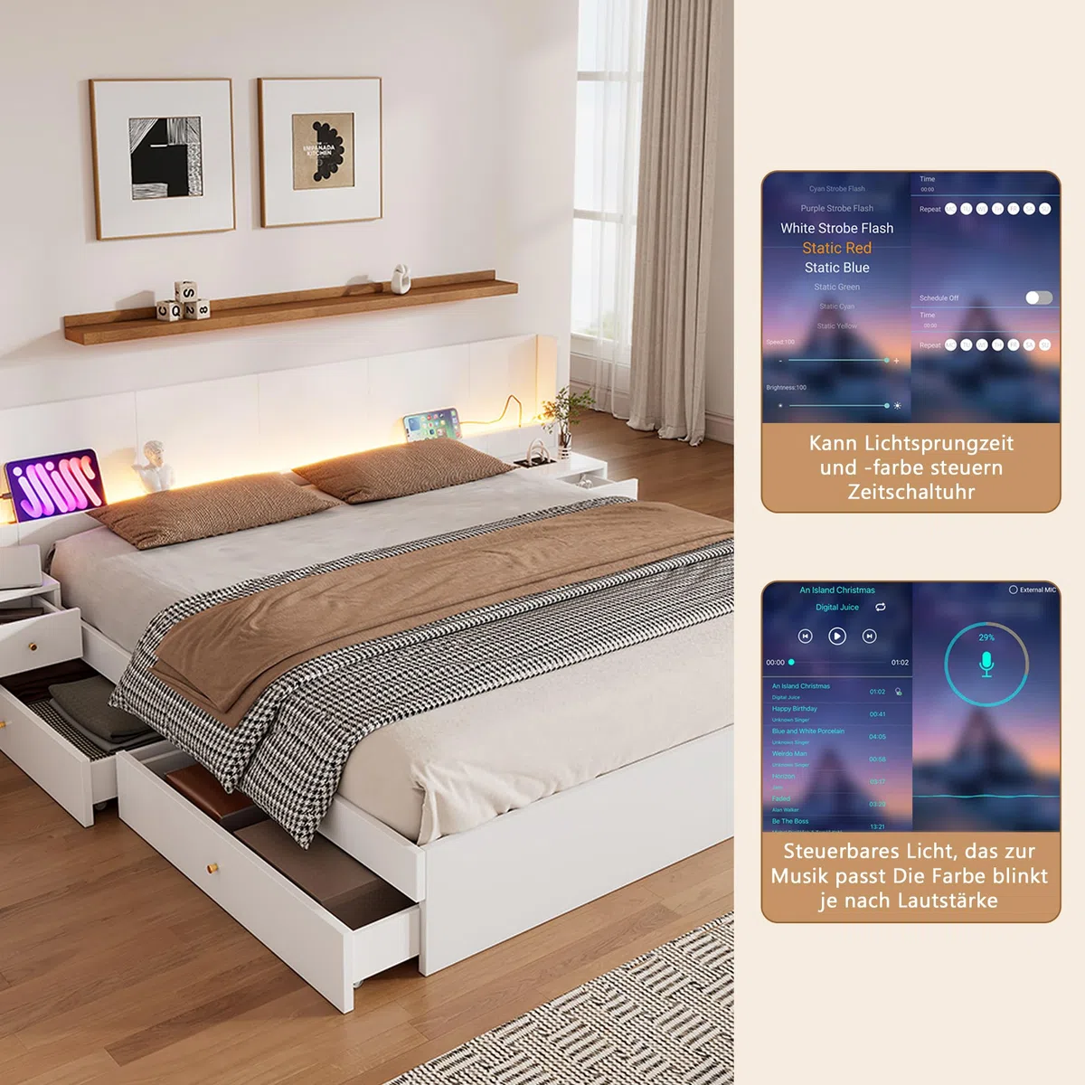Ymkua Doppelbett 180x200cm, Stauraumbett Holzbett mit LED-Leuchten und 2 Schubladen, Bettgestell mit USB-Port und 2 Nachttische, Jugendbett Bett mit Kopfteil und Lattenrost, Weiß, ohne Matratze