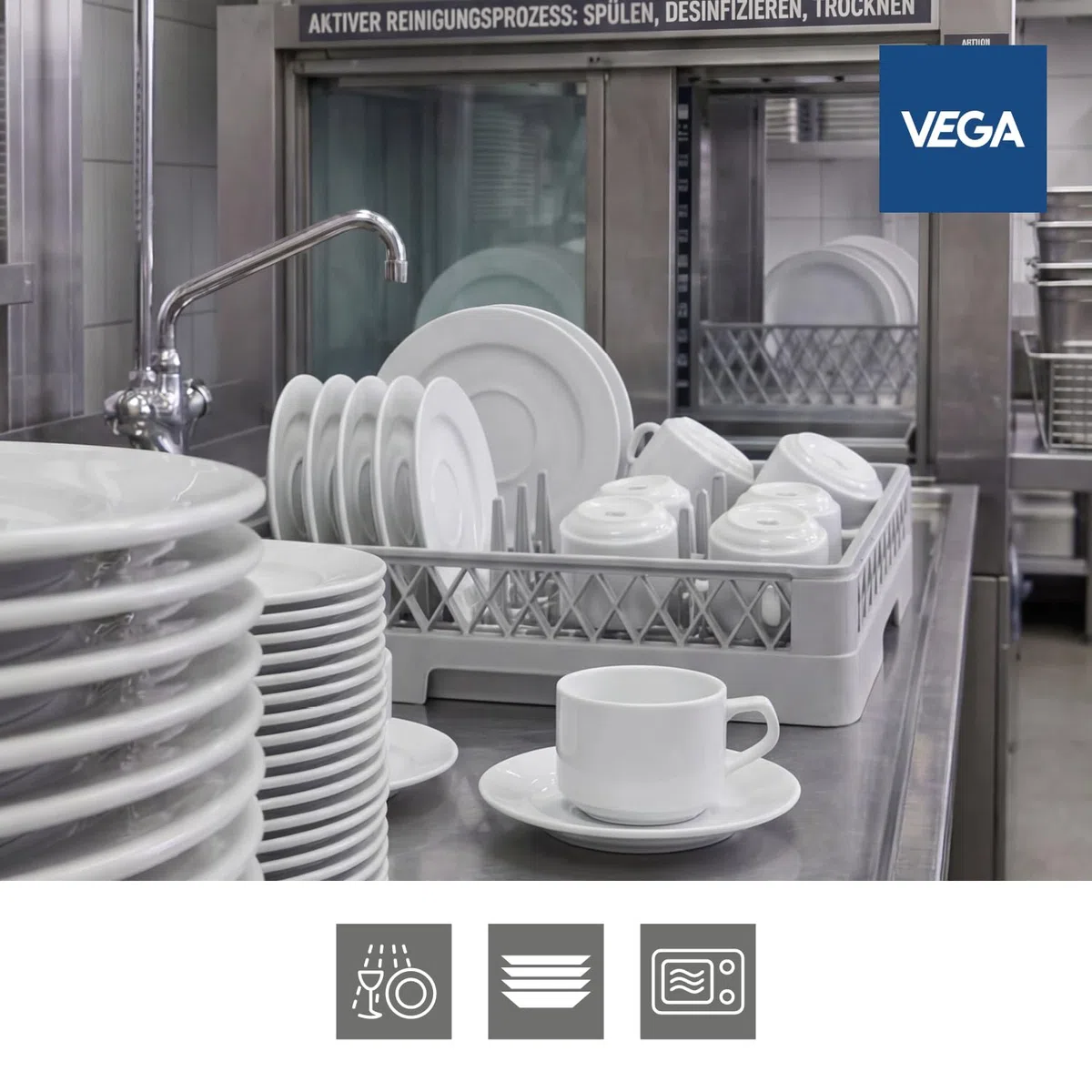 VEGA Base Kaffeetassen-Set – Kaffeetasse 200 ml & Untertasse 15 cm, 30 Personen, Kaffee Geschirr Set, spülmaschinenfest, mikrowellengeeignet, weißes Hotelporzellan für Café, Haushalt, Restaurant