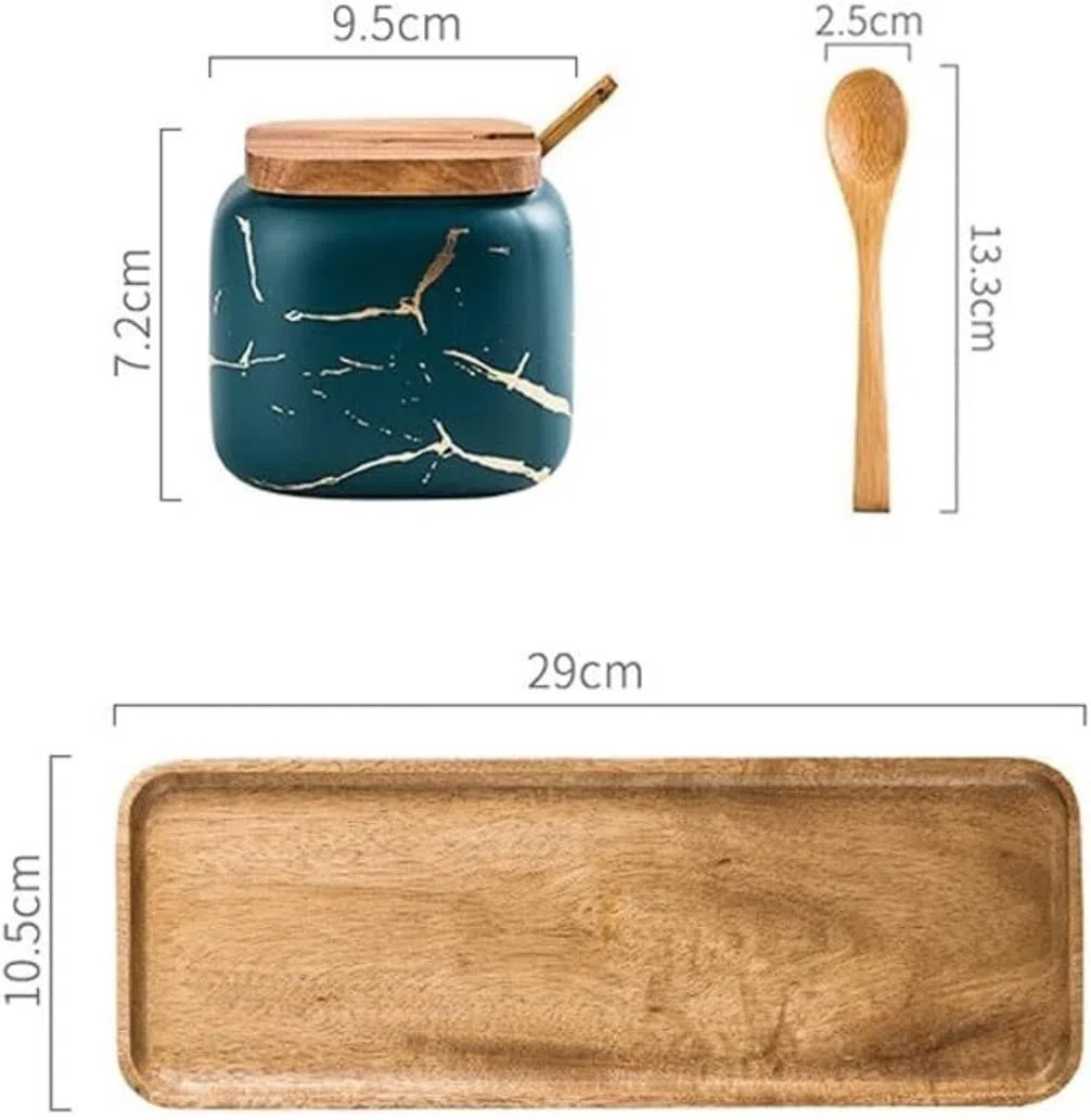 SAeWare Gewürzbox aus Keramik, Zuckerdose, Gewürzbehälter-Set mit Löffel und Deckel, Gewürzbehälter, Grün