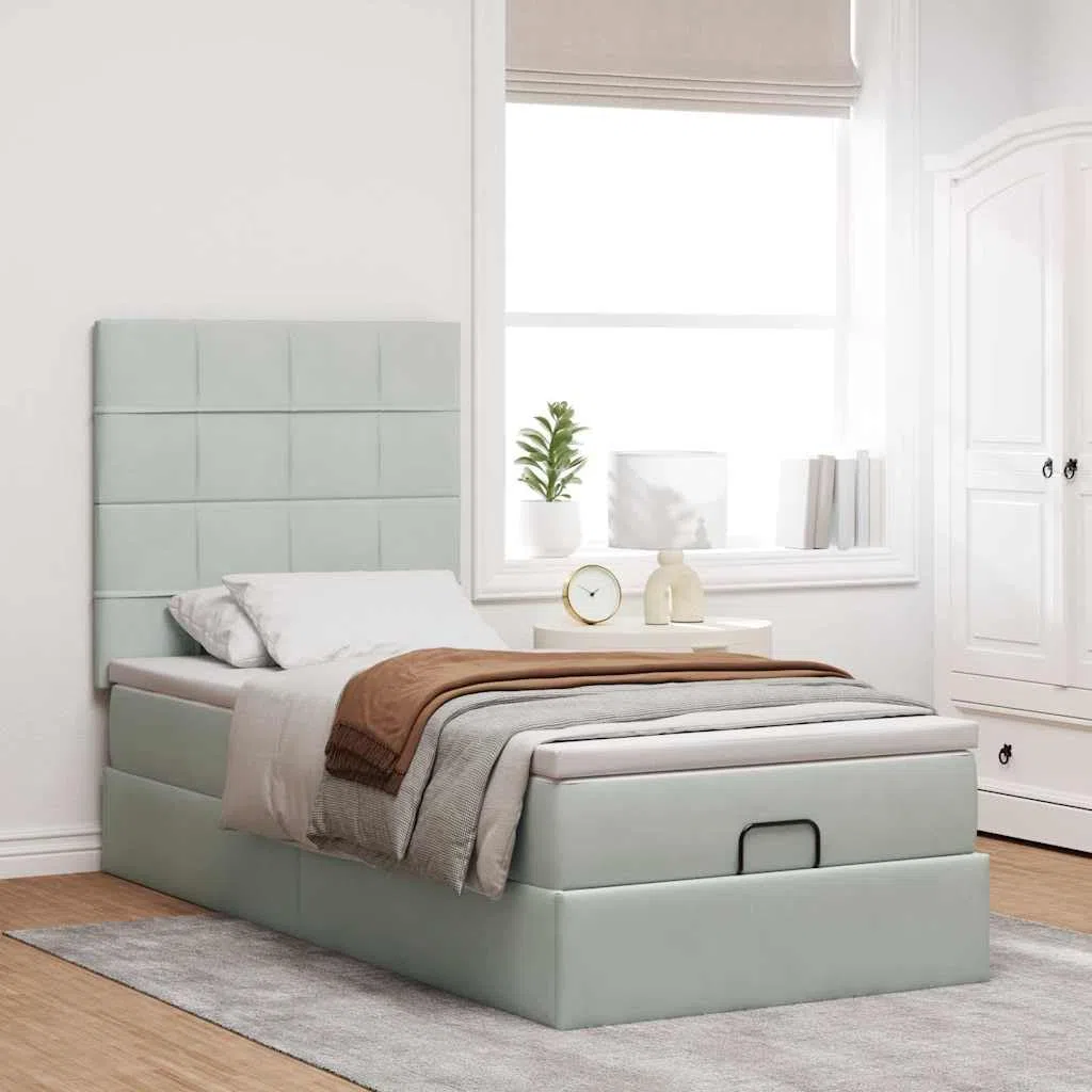 Ottomansbett mit Matratze LED-Beleuchtung Hellgrau 100x200 cm Samt Stauraum, Komfort, langlebiges Material, modernes Design, inklusive LED-Leiste, geeignet für Schlafzimmer und Gästezimmer