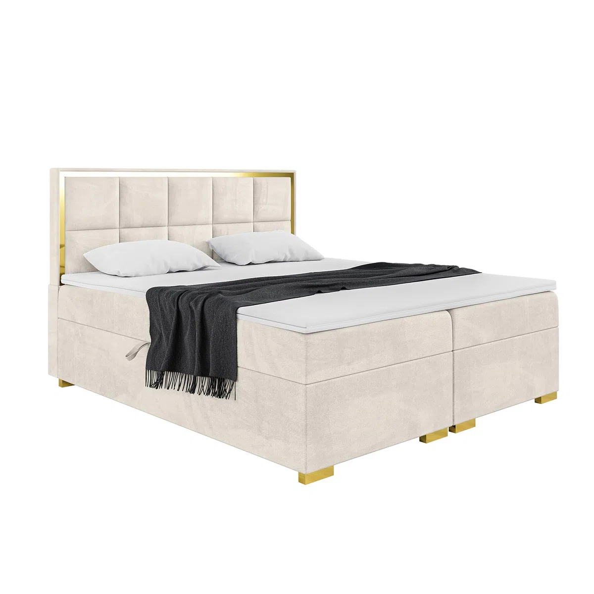 MEBLINI Boxspringbett mit Bettkasten - 200x200 - Gepolstert Doppelbett mit Matratze und Topper - Polsterbett mit Stauraum - Bett mit Kopfteil - Dani Gold - H4/Creme Samt