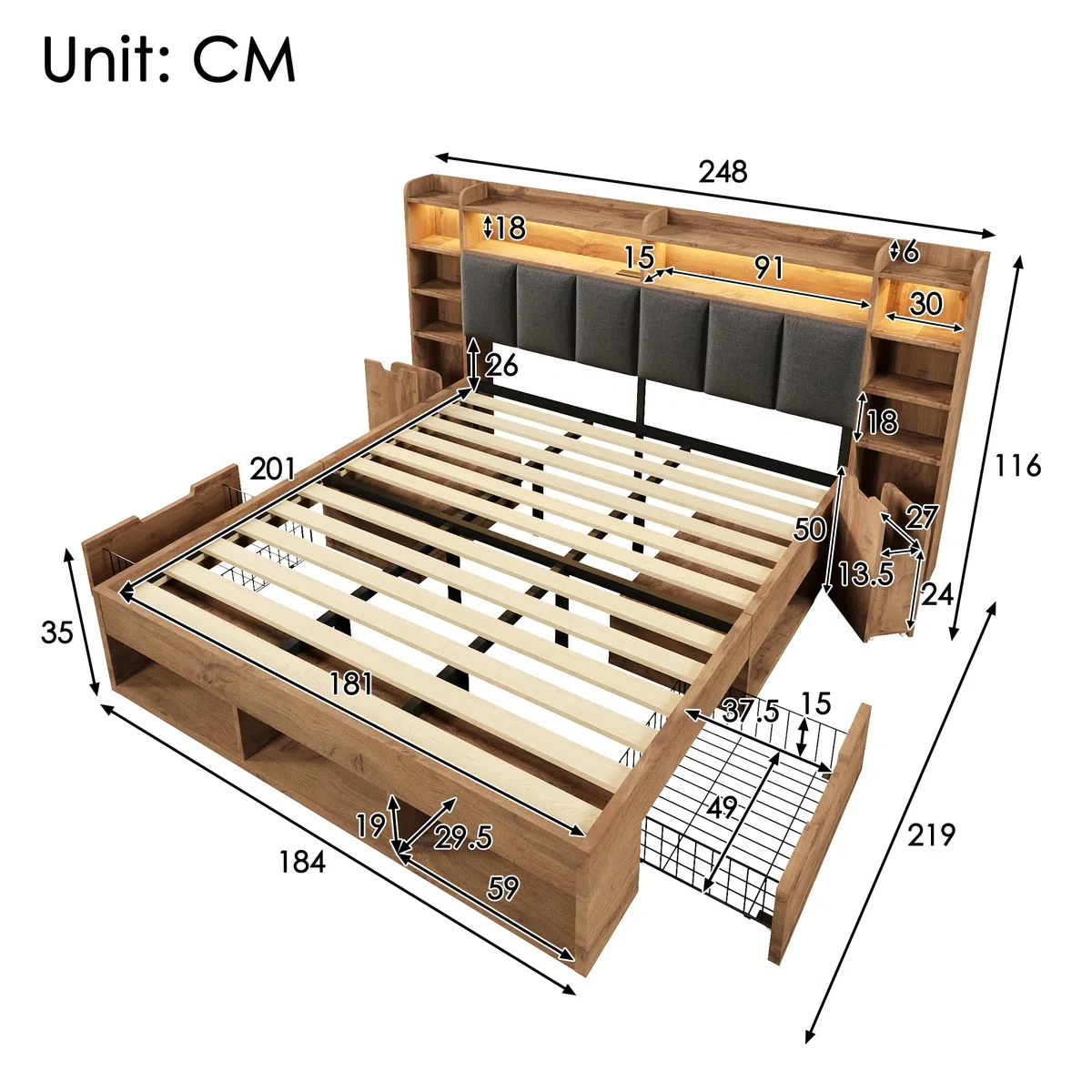 DRIXNO 180x200 cm Doppelbett-Systembett, Bettgestell mit LED-Beleuchtung, Nachttische mit USB- und Type-C-Anschlüssen,Bettrahmen mit Stauraum und Rollschubladen, Lattenrost aus Holz, Ohne Matratze