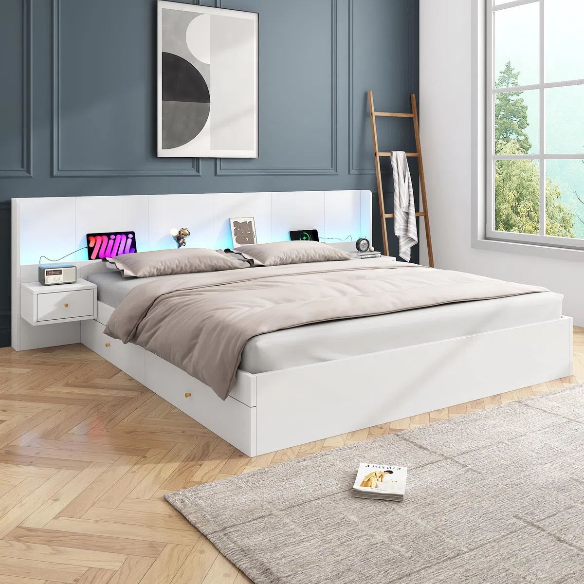Ymkua Doppelbett 180x200cm, Stauraumbett Holzbett mit LED-Leuchten und 2 Schubladen, Bettgestell mit USB-Port und 2 Nachttische, Jugendbett Bett mit Kopfteil und Lattenrost, Weiß, ohne Matratze