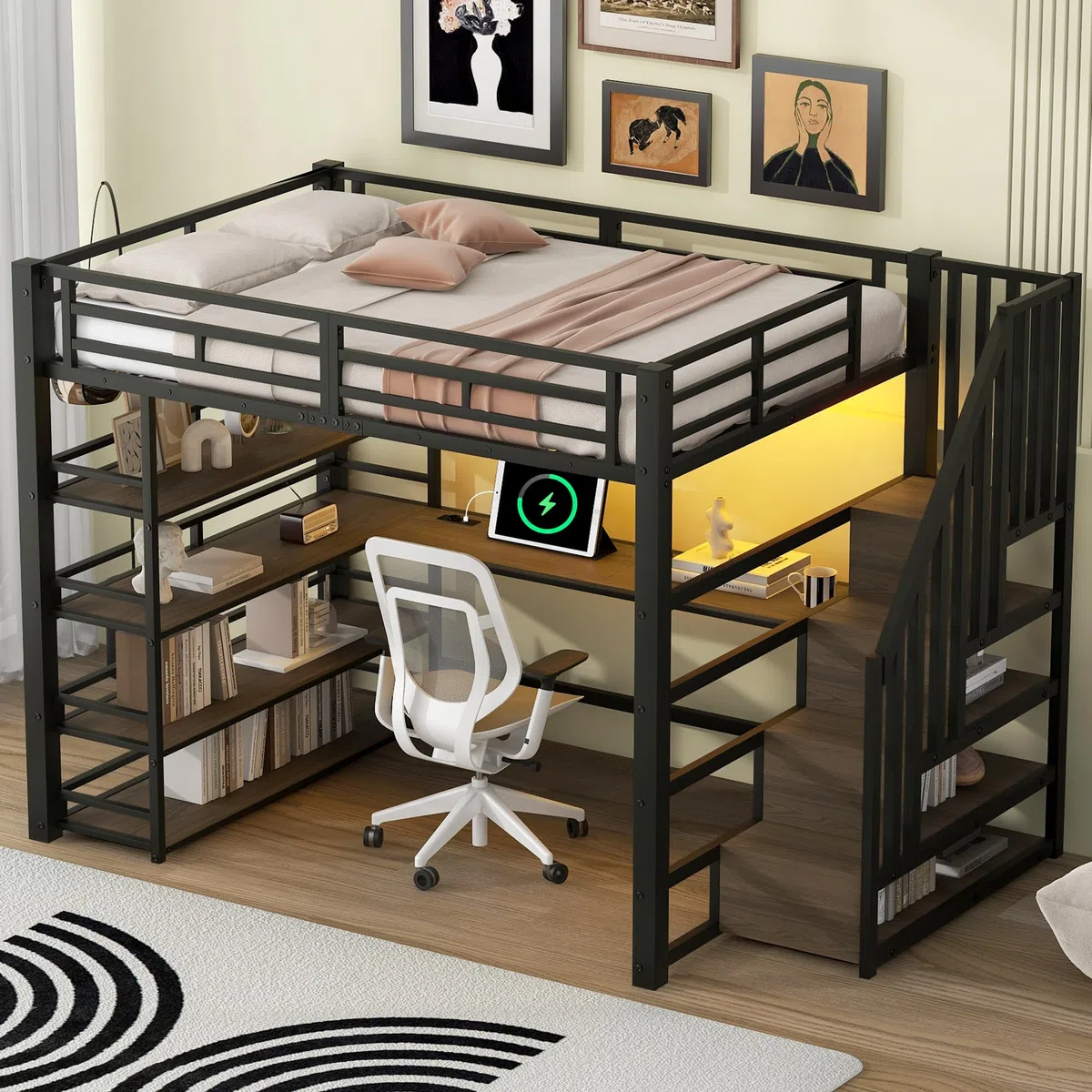 140x200 Metall-Hochbett mit Treppe, integriertem Schreibtisch, Staufächern, USB-Ladestation und LED-Licht (Schwarz)