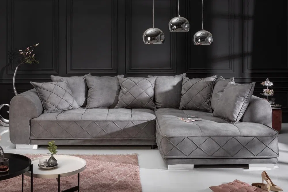 Riess Ambiente Modernes XXL Ecksofa DECADENCIA 319cm Silbergrau Samt inkl. Kissen Eckcouch Sofa mit Samtbezug Couch