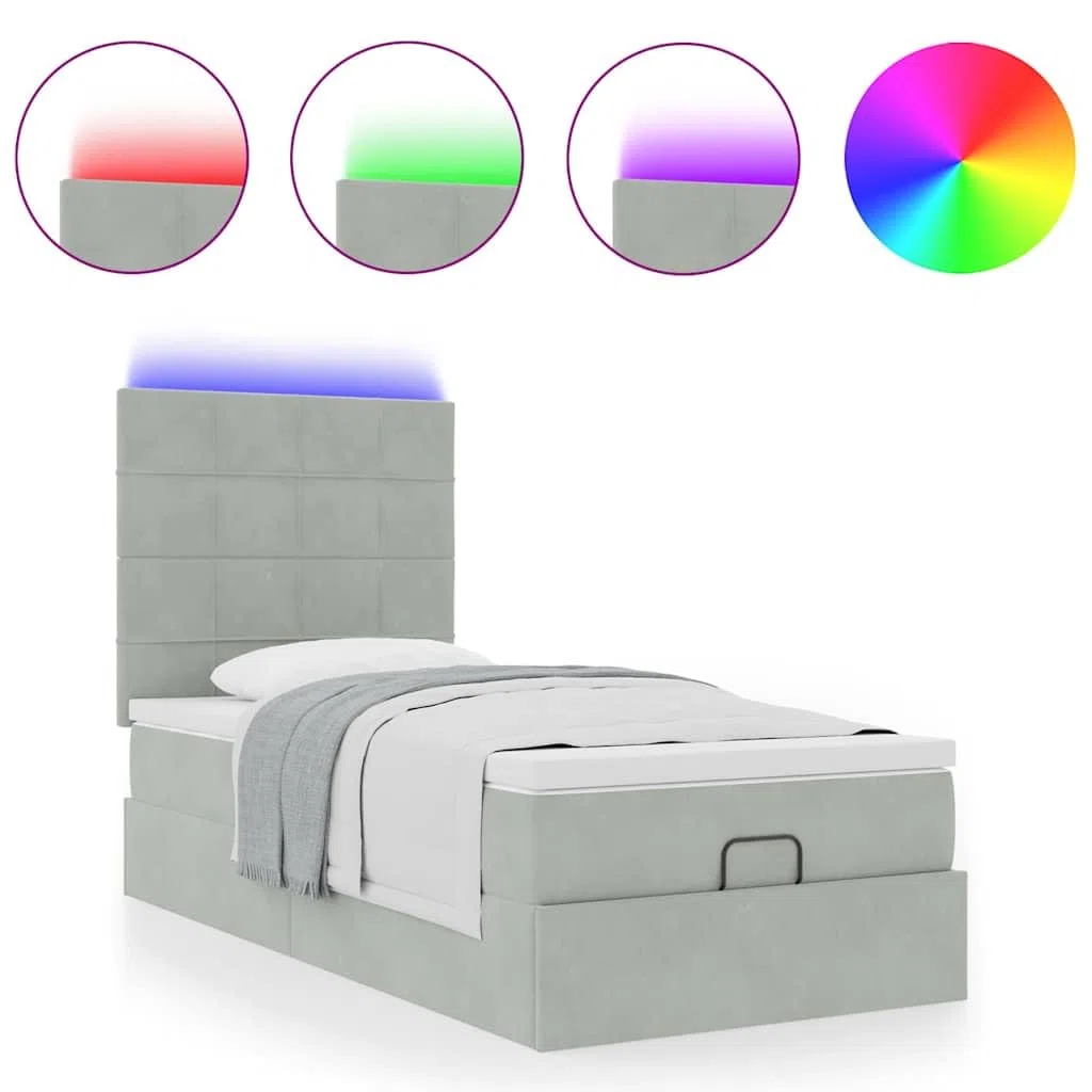 Ottomansbett mit Matratze LED-Beleuchtung Hellgrau 100x200 cm Samt Stauraum, Komfort, langlebiges Material, modernes Design, inklusive LED-Leiste, geeignet für Schlafzimmer und Gästezimmer
