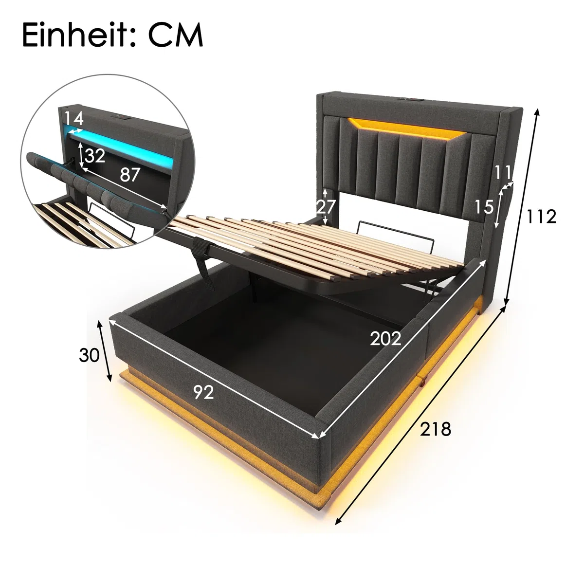 DRIXNO Polsterbett 90x200cm, Bettgestell mit LED-Beleuchtung, Einzelbett mit USB- und Typ-C-Anschlüssen, Jugendbett mit Hydraulischem Stauraum, Leinen, Grau (Ohne Matratze)
