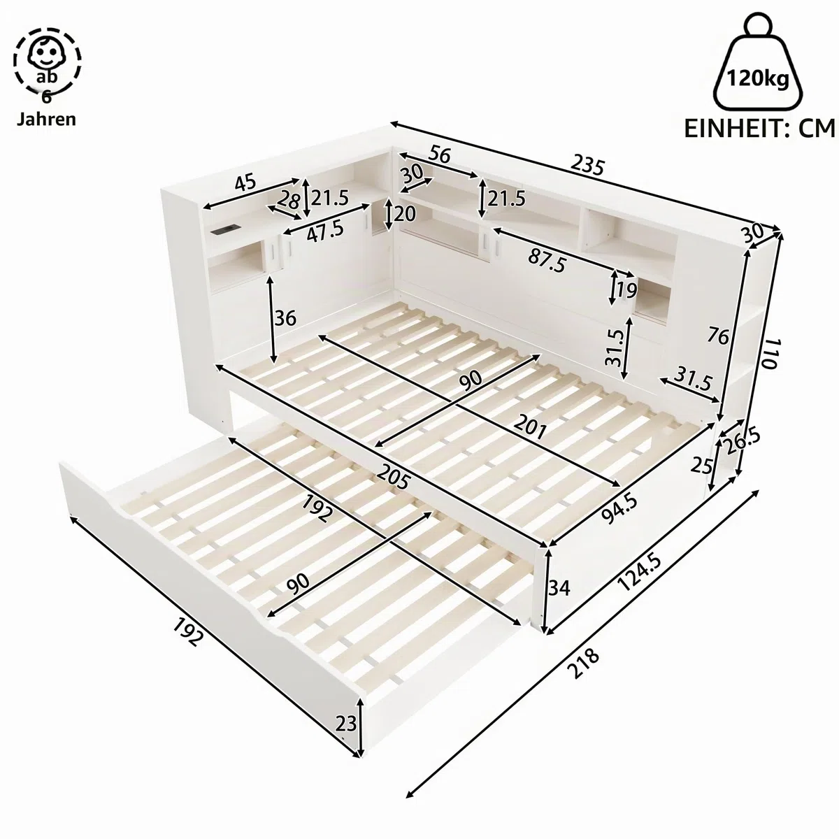 Tagesbett 90x200cm(90x190cm) Kinderbett, Plattformbett mit Ausziehbett, Plattformbett mit Staufach mit USB (Weiß)