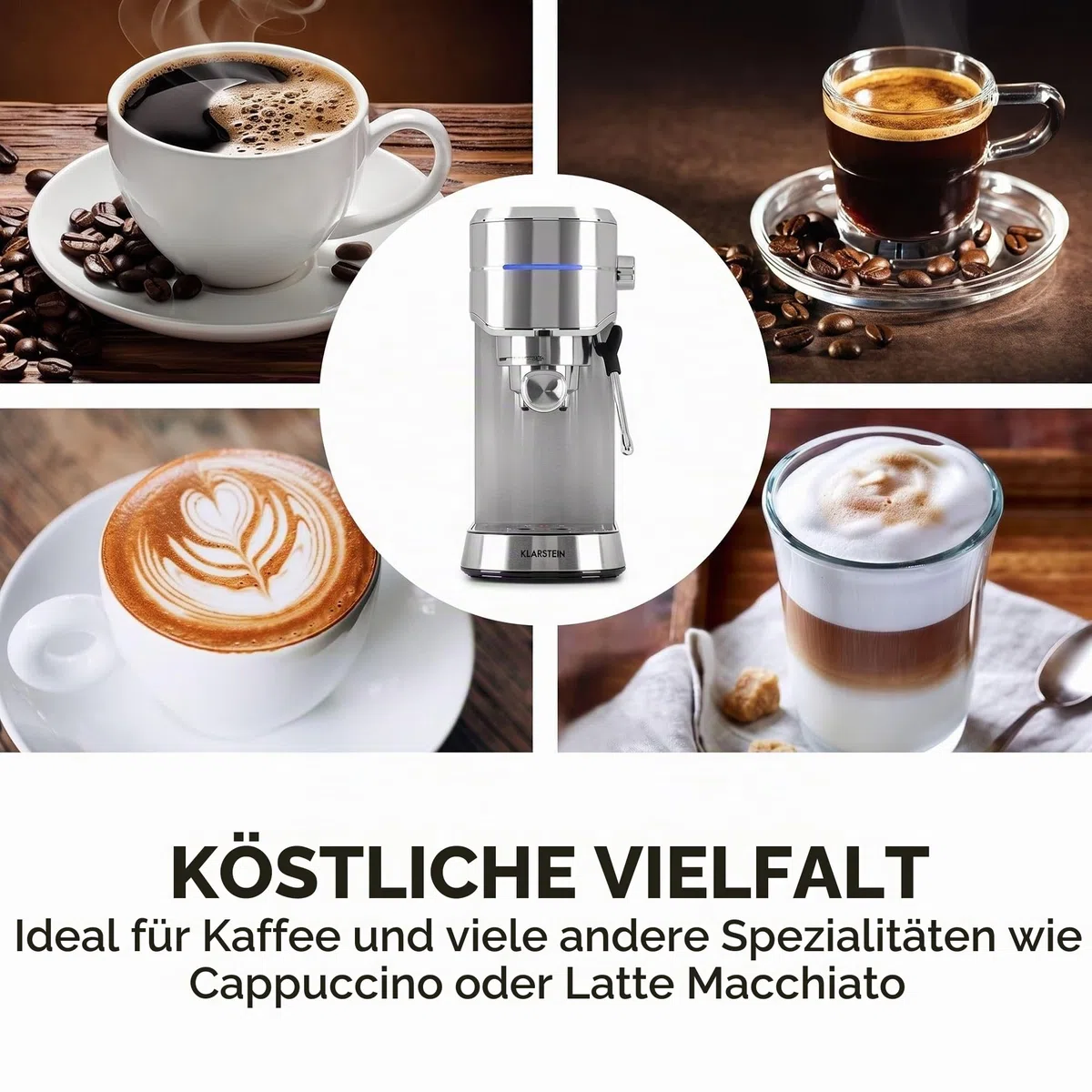 Klarstein Futura Espressomaschine, Siebträgermaschine mit 1450 Watt, 20 bar, Barista-Qualität, Zweifach Ausguss, Fließstopp, Siebträger Kaffeemaschine, Milchaufschäum-Funktion, silber
