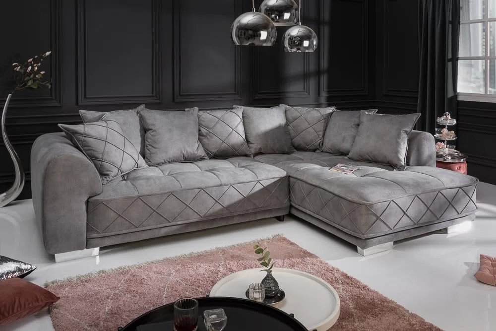 Riess Ambiente Modernes XXL Ecksofa DECADENCIA 319cm Silbergrau Samt inkl. Kissen Eckcouch Sofa mit Samtbezug Couch