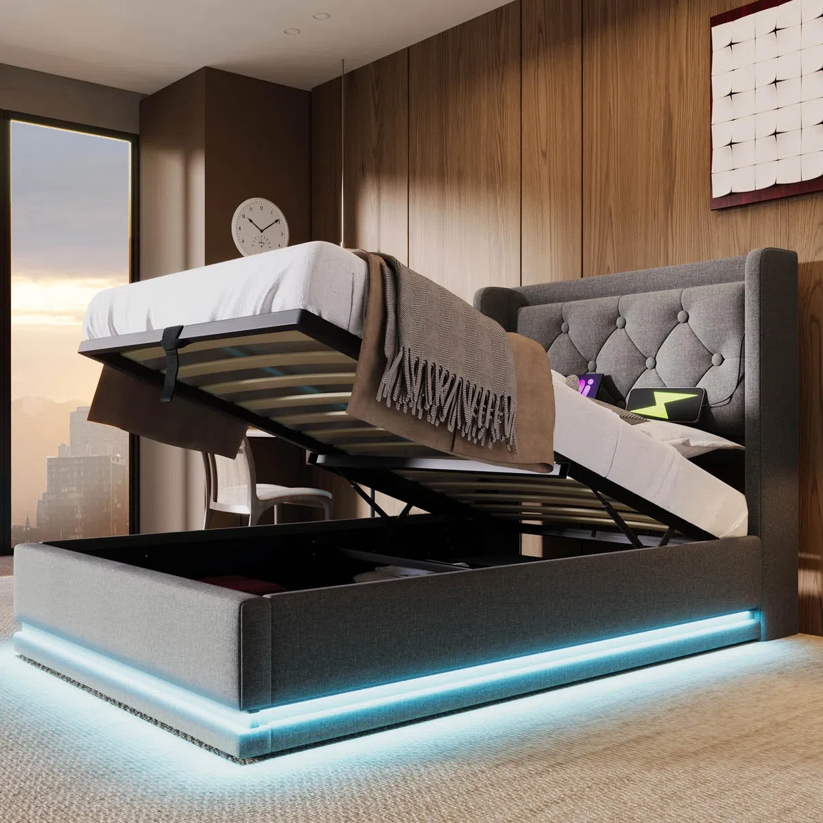 Kayan Polsterbett Stauraumbett Hydraulisches Bettgestell Einzelbett 90x200cm, Bett mit LED Beleuchtung, Gepolstertes Kopfteil mit USB Typ-C Ladefunktion, Ohne Matratze (Grau, 90x200cm)