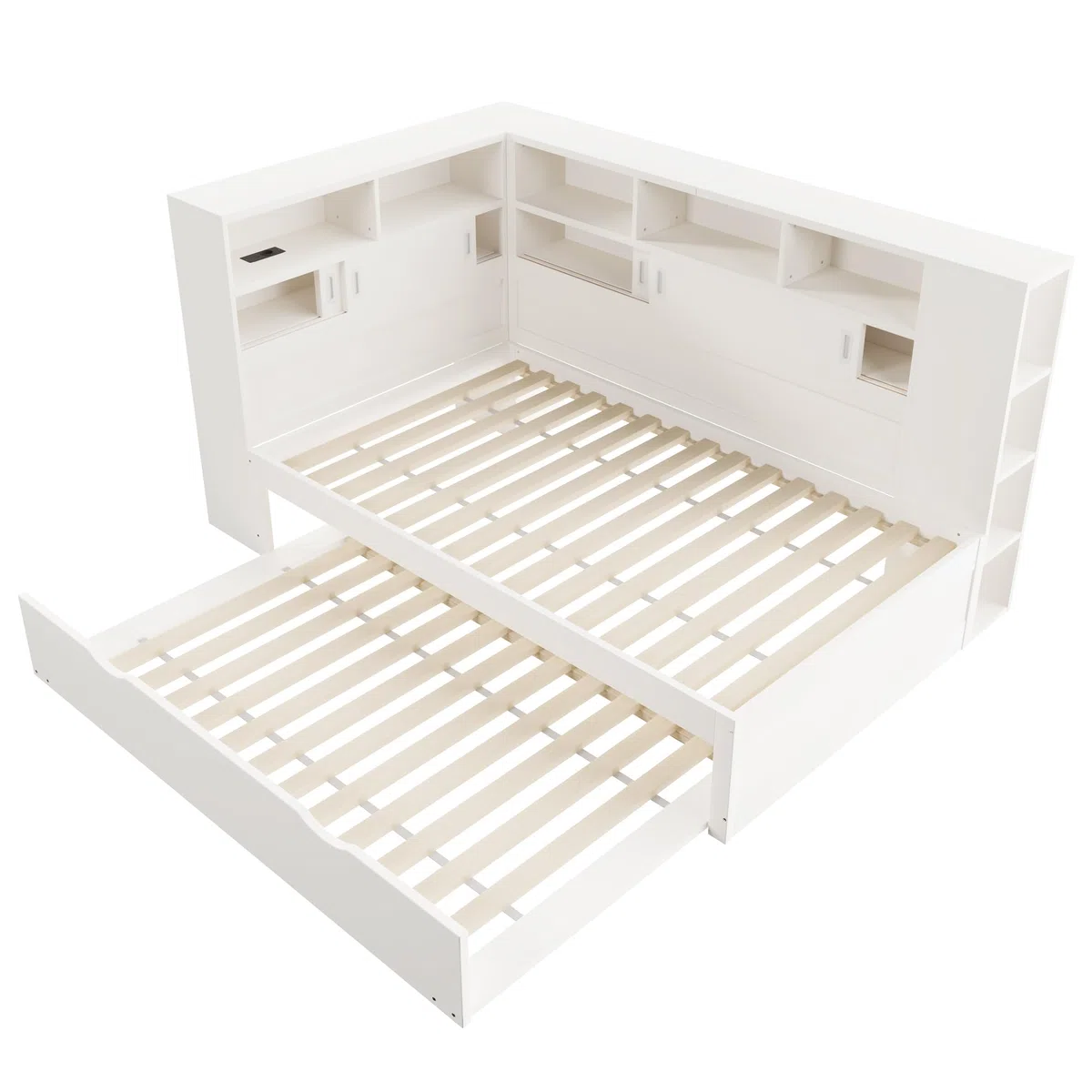Tagesbett 90x200cm(90x190cm) Kinderbett, Plattformbett mit Ausziehbett, Plattformbett mit Staufach mit USB (Weiß)
