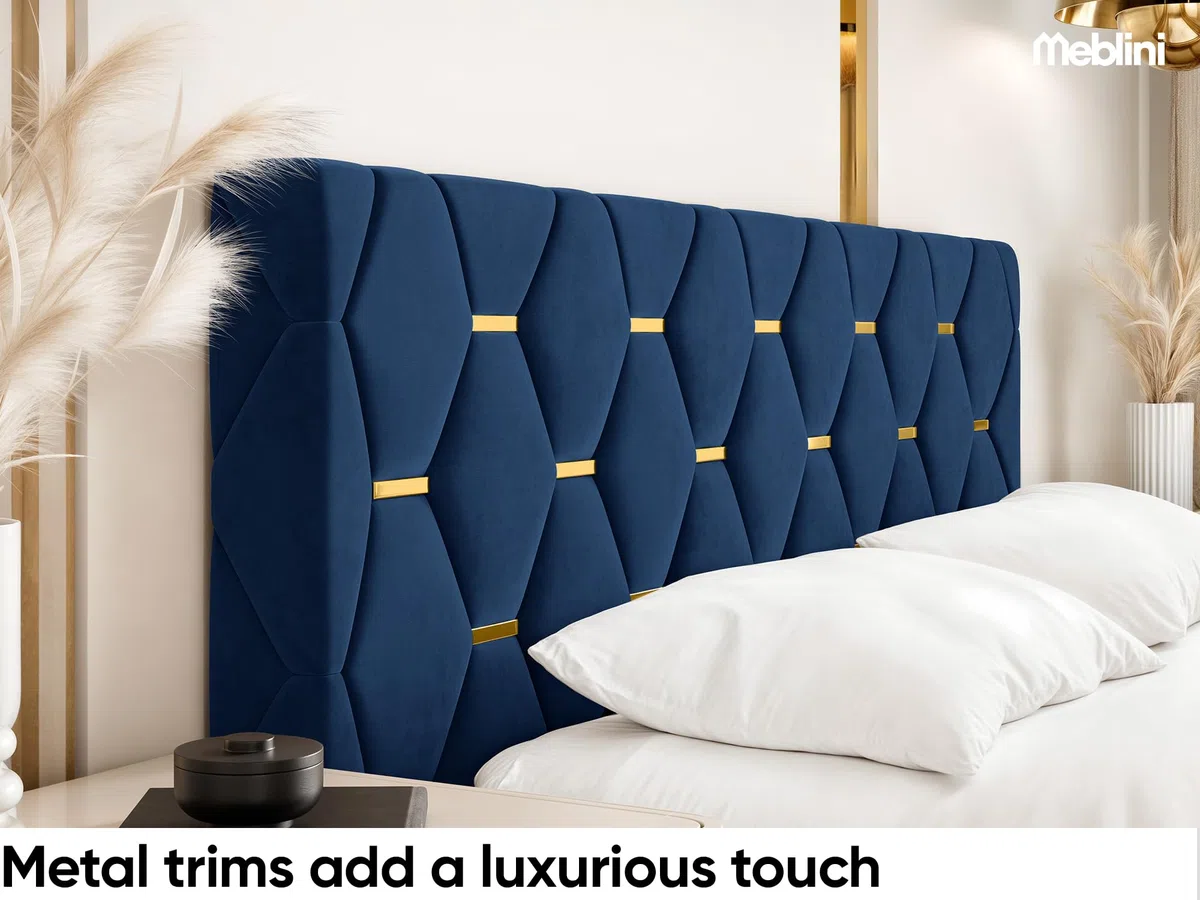 MEBLINI Boxspringbett mit Bettkasten - 200x200 - H4/Blau Samt - Versal - Gepolstert Doppelbett mit Matratze und Topper - Polsterbett mit Stauraum - Bett mit Kopfteil - Stauraumbett