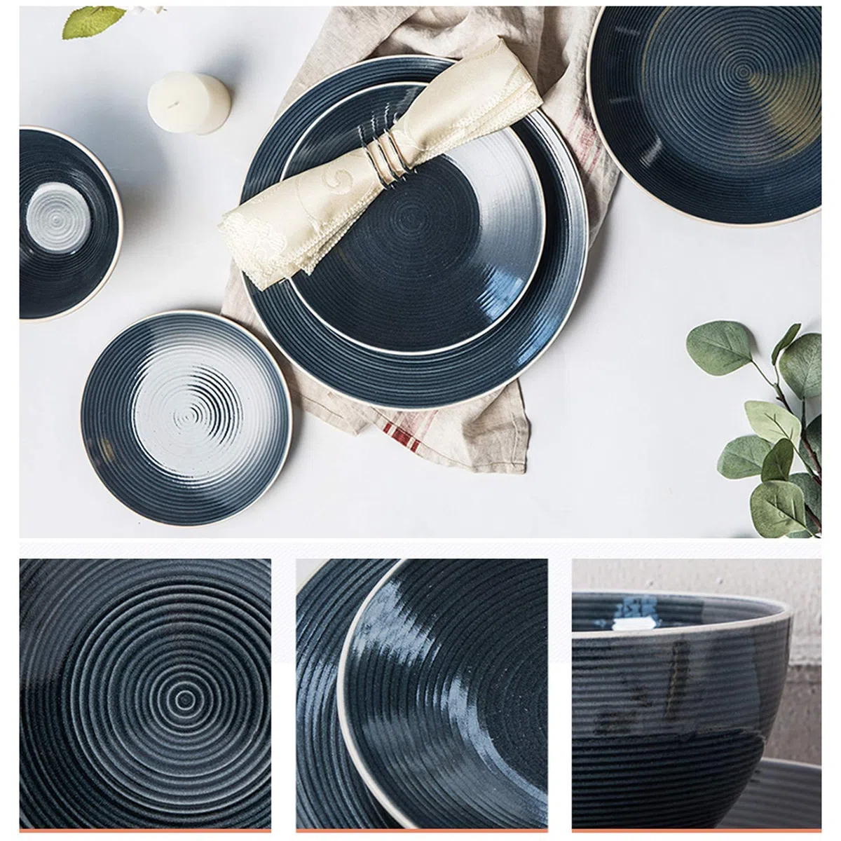 SAeWare Tafelservice aus Keramik, 18-teilig, geprägtes Faden, Porzellan-Geschirr-Kombinationsset, Müslischalen und Steakteller-Set für Restaurant