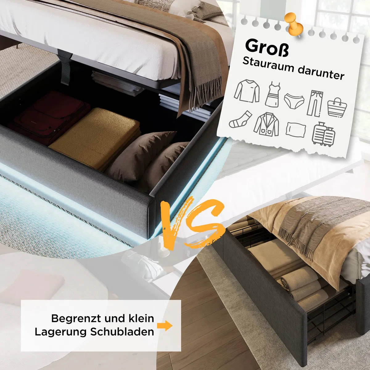 Kayan Polsterbett Stauraumbett Hydraulisches Bettgestell Einzelbett 90x200cm, Bett mit LED Beleuchtung, Gepolstertes Kopfteil mit USB Typ-C Ladefunktion, Ohne Matratze (Grau, 90x200cm)