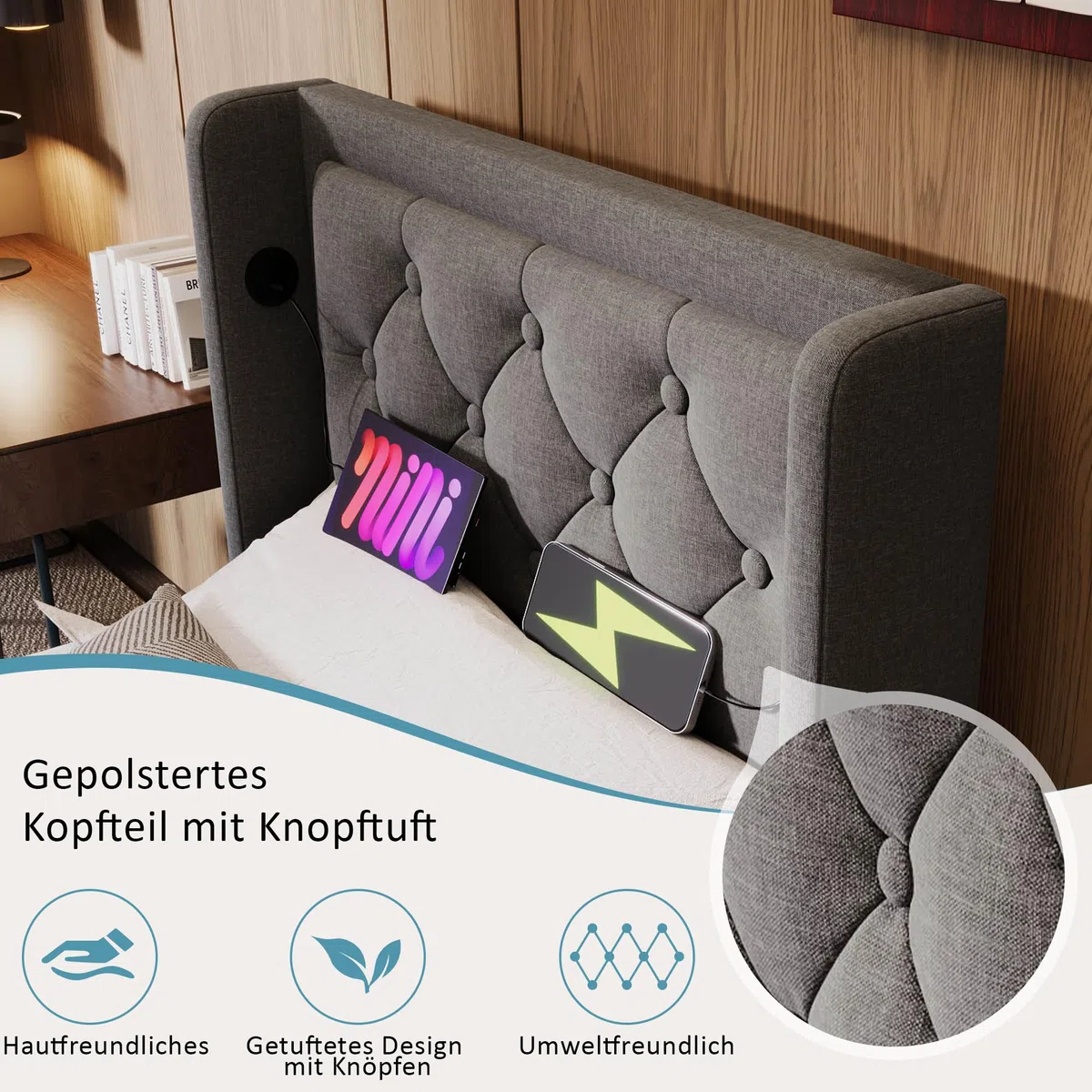 Kayan Polsterbett Stauraumbett Hydraulisches Bettgestell Einzelbett 90x200cm, Bett mit LED Beleuchtung, Gepolstertes Kopfteil mit USB Typ-C Ladefunktion, Ohne Matratze (Grau, 90x200cm)