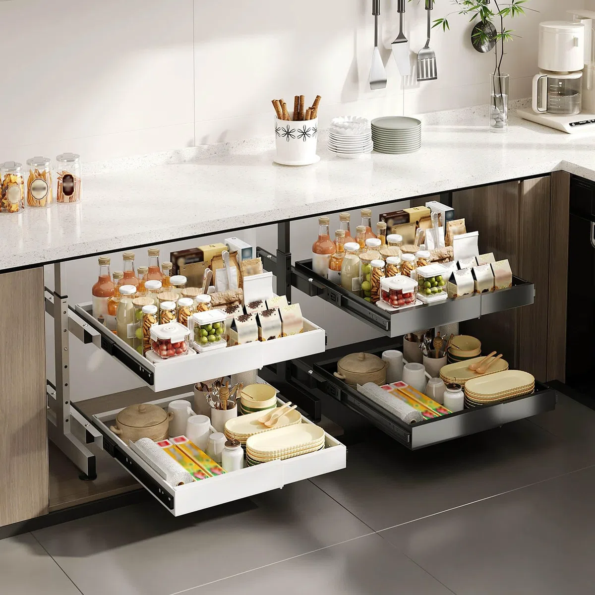 Ausziehbarer Schrank-Organizer mit ausziehbaren Schubladen, 2-stöckiges Design für Küche, Bad und Speisekammer, verstellbare Höhe und Länge