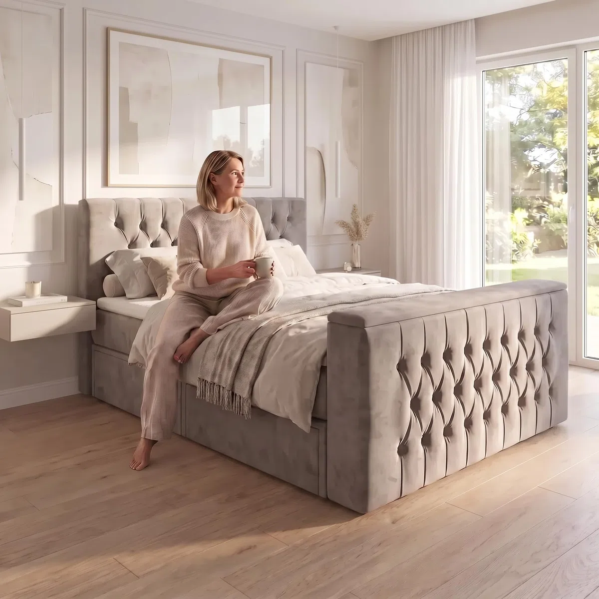 Polsterbett Horizon 140x200 TV-Lift, Schubladen, Beige