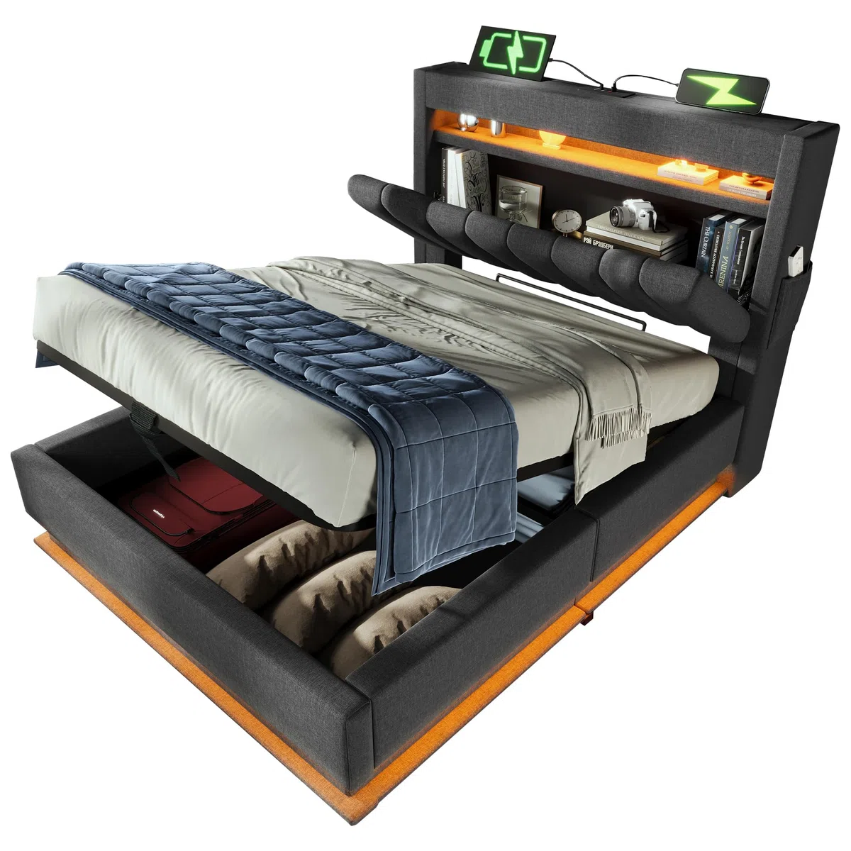 DRIXNO Polsterbett 90x200cm, Bettgestell mit LED-Beleuchtung, Einzelbett mit USB- und Typ-C-Anschlüssen, Jugendbett mit Hydraulischem Stauraum, Leinen, Grau (Ohne Matratze)