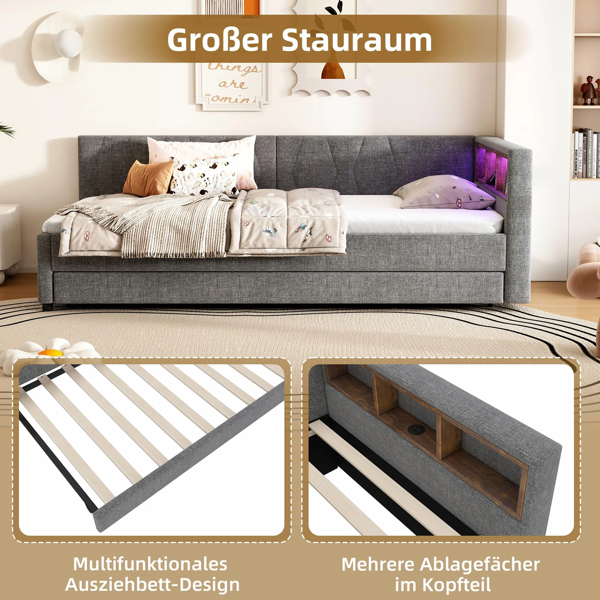 Polsterbett Schlafsofa 90x200, Einzelbett mit LED-Licht&USB Ladefunktion&Ausziehbett&Ablagefach, Funktionsbett Tagesbett Kinderbett Jugendbett Bettgestell mit Lattenrost, Leinen, Ohne Matratze, Grau