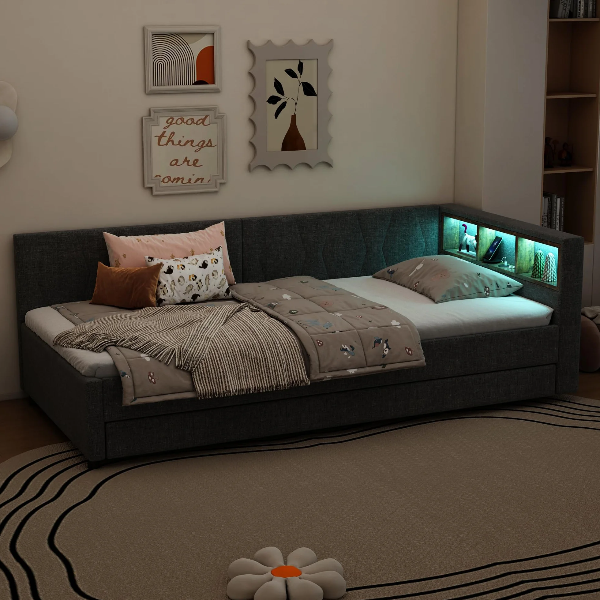 Polsterbett Schlafsofa 90x200, Einzelbett mit LED-Licht&USB Ladefunktion&Ausziehbett&Ablagefach, Funktionsbett Tagesbett Kinderbett Jugendbett Bettgestell mit Lattenrost, Leinen, Ohne Matratze, Grau