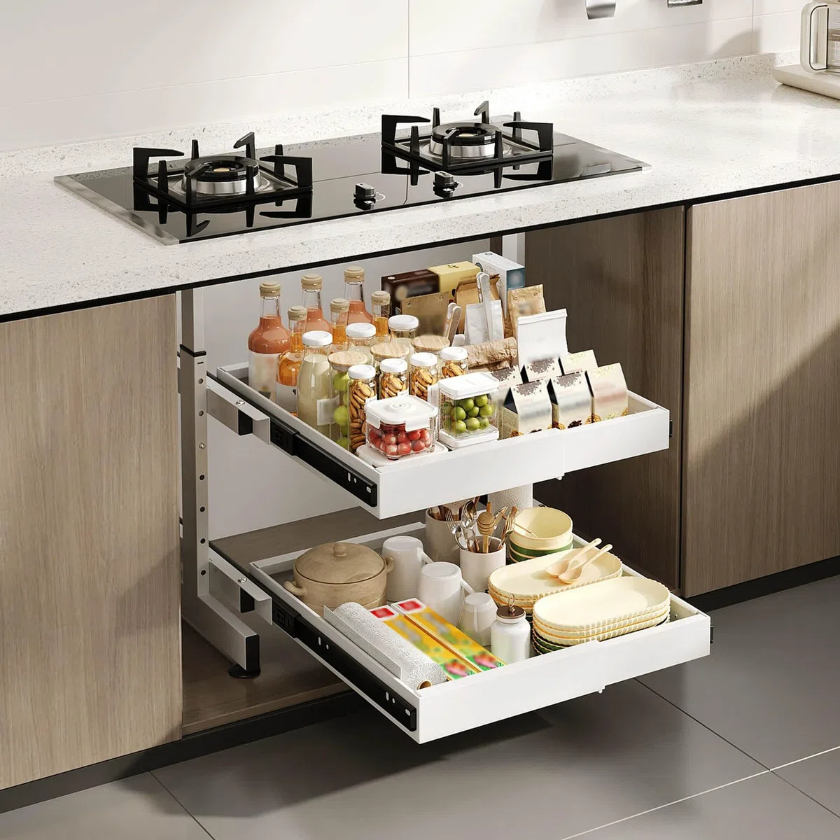 Ausziehbarer Schrank-Organizer mit ausziehbaren Schubladen, 2-stöckiges Design für Küche, Bad und Speisekammer, verstellbare Höhe und Länge